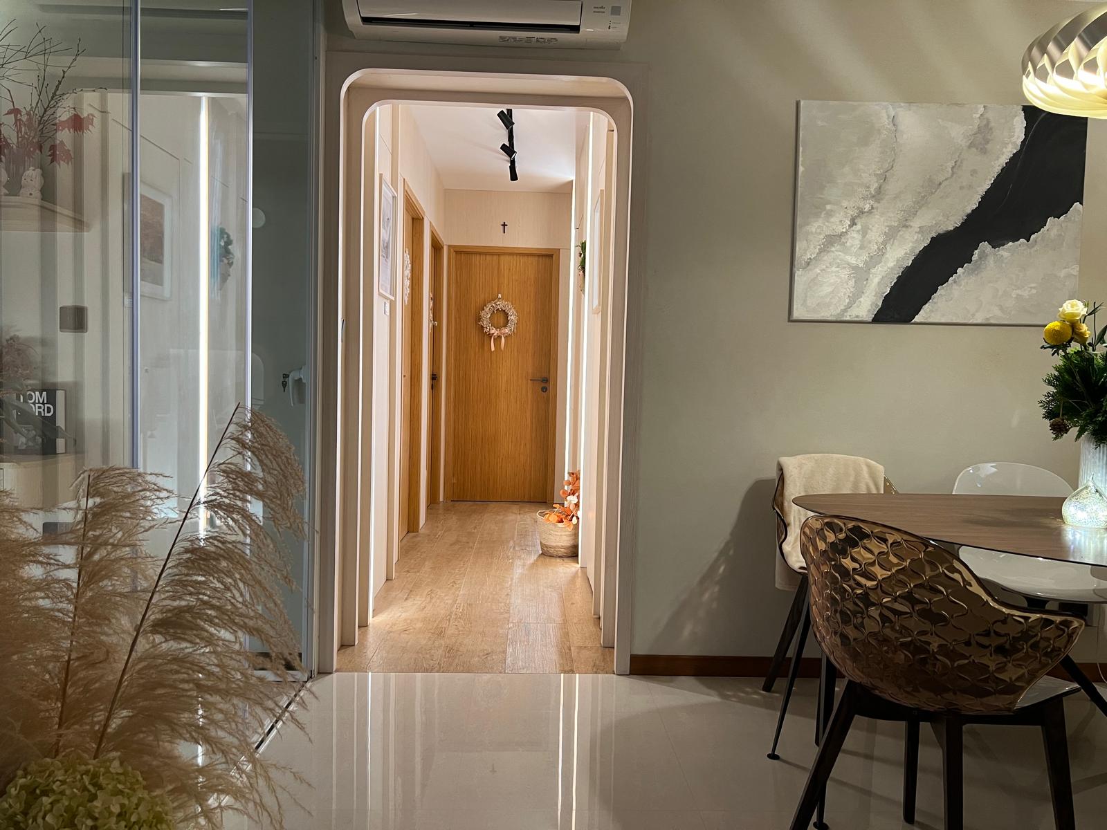 "Embracing the Magic: Day and Night Views from Our Nest ✨🌙" - Wooden hallway, modern dining room, minimalist decor, abstract