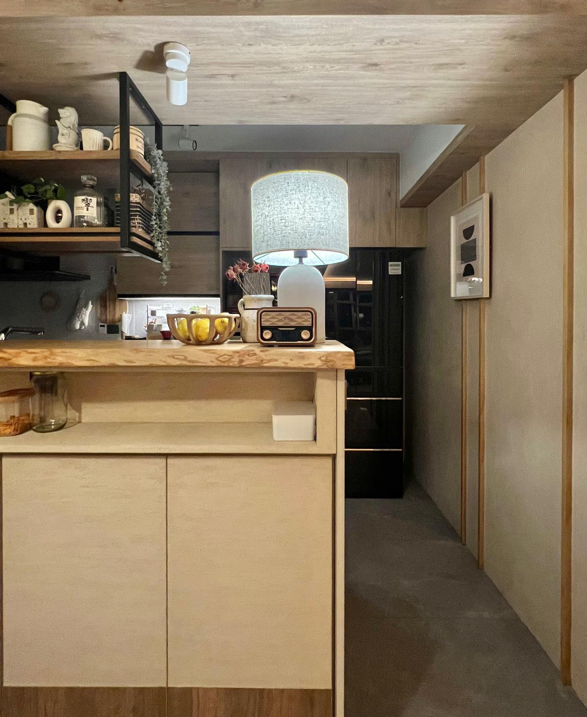 "Embracing the Magic: Day and Night Views from Our Nest ✨🌙" - Wooden kitchen island, modern design, minimalist decor, cozy