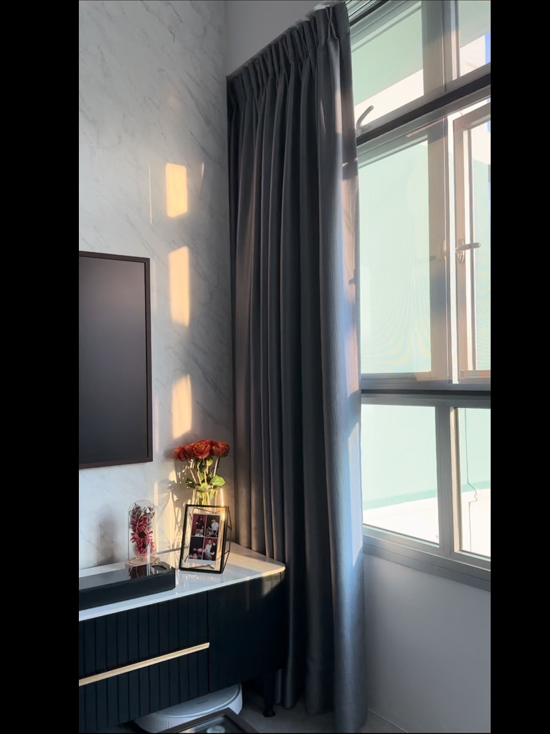 Elegance Redefined with Dark Contemporary Theme - $37K Renovation  - Marble-textured wall, modern decor, black TV frame