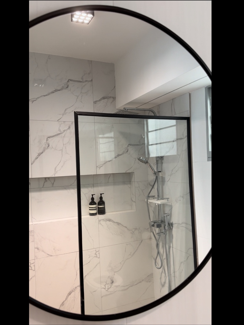 Elegance Redefined with Dark Contemporary Theme - $37K Renovation  - Modern bathroom, sleek design, marble tiles, glass