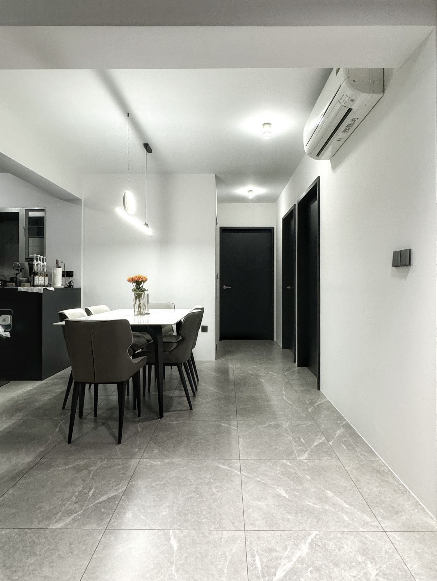 Elegance Redefined with Dark Contemporary Theme - $37K Renovation  - modern dining room, minimalist kitchen, sleek furniture