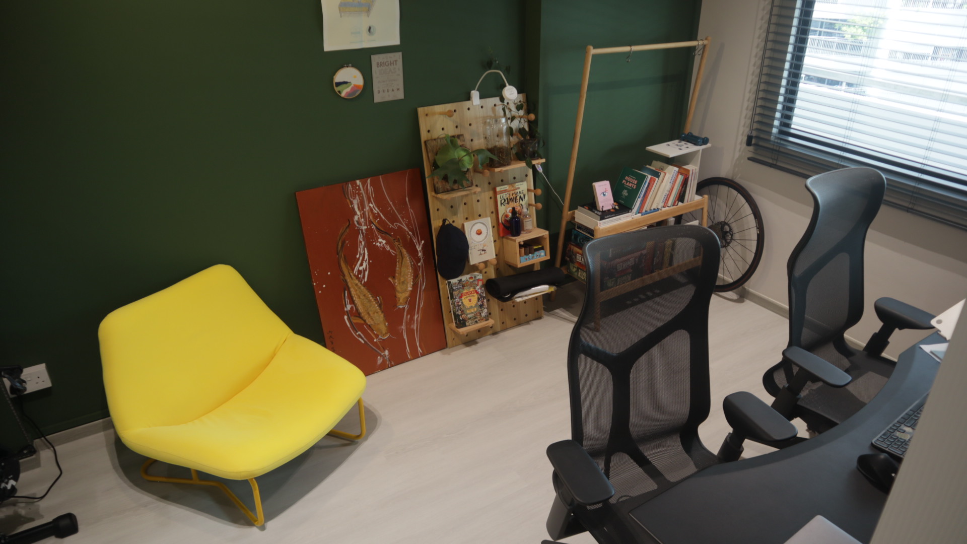 reviving resale HDB corridor unit with mid-mod twist! - yellow chair, modern office, ergonomic chair, black office chair