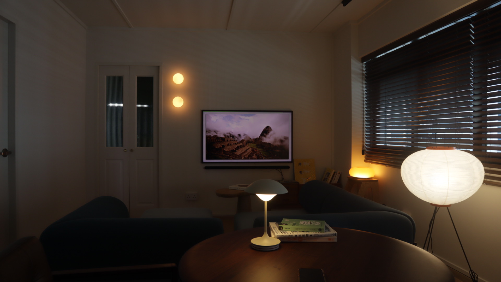 reviving resale HDB corridor unit with mid-mod twist! - dimly lit room, cozy living room, modern decor, soft ambient light