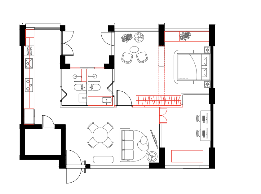 reviving resale HDB corridor unit with mid-mod twist! - Kitchen and bathroom layout with detailed measurements, Dining area