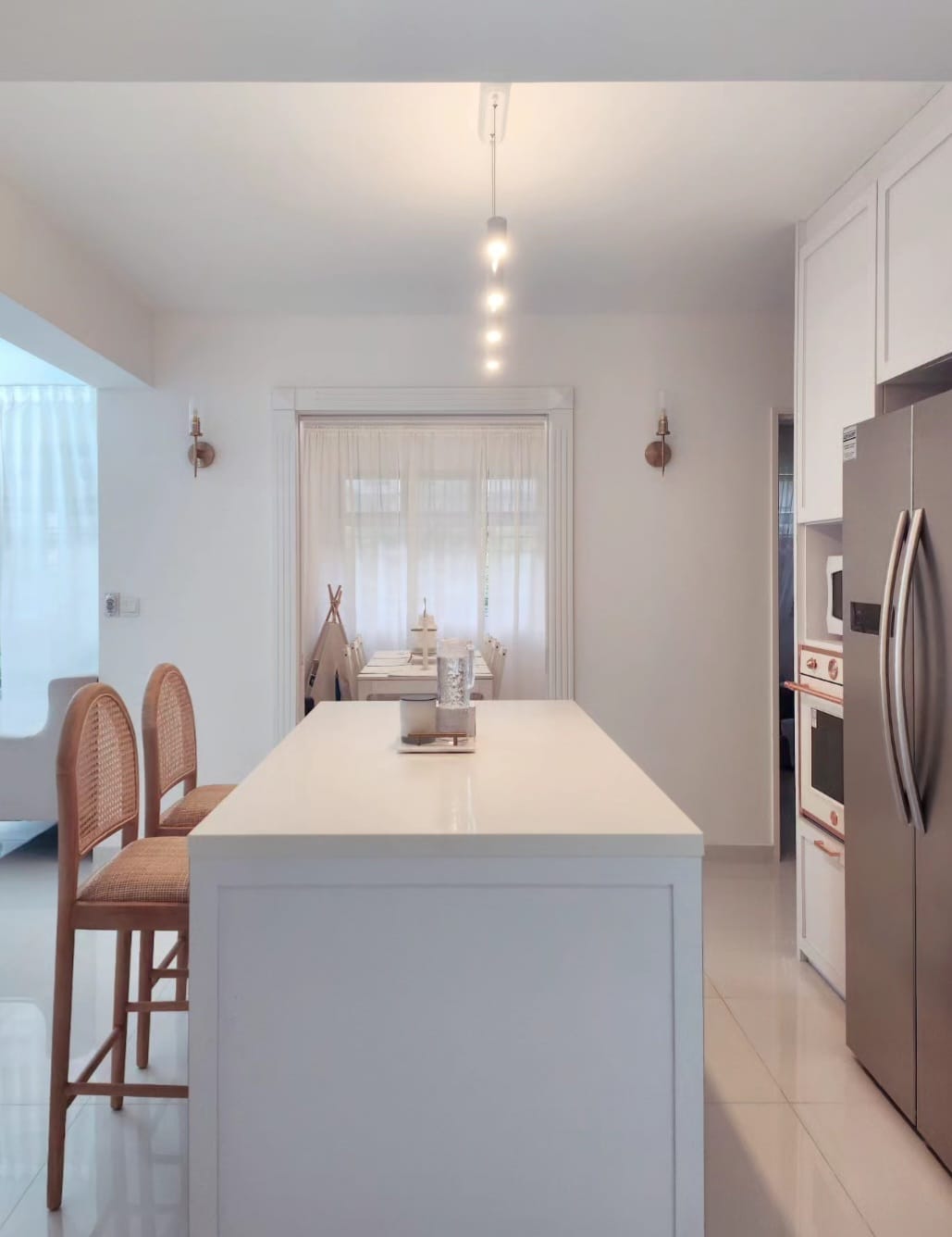 PunggoHField house hunting journey - Modern minimalist kitchen with white cabinetry, stainless steel appliances, and a large