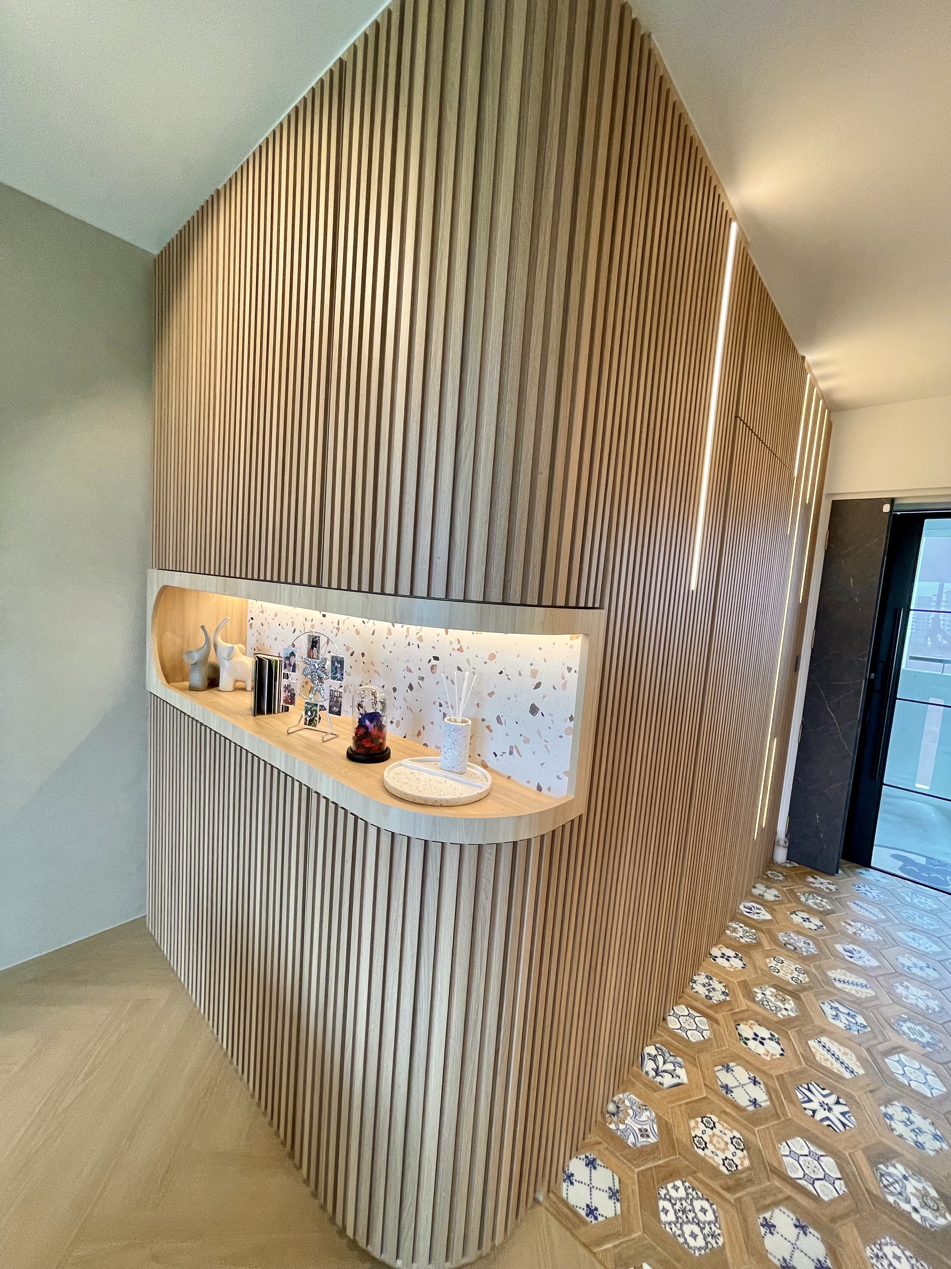 A Self-designed Cosy Abode at Woodleigh Hillside - Wooden wall with vertical slats, modern interior design, stylish decor