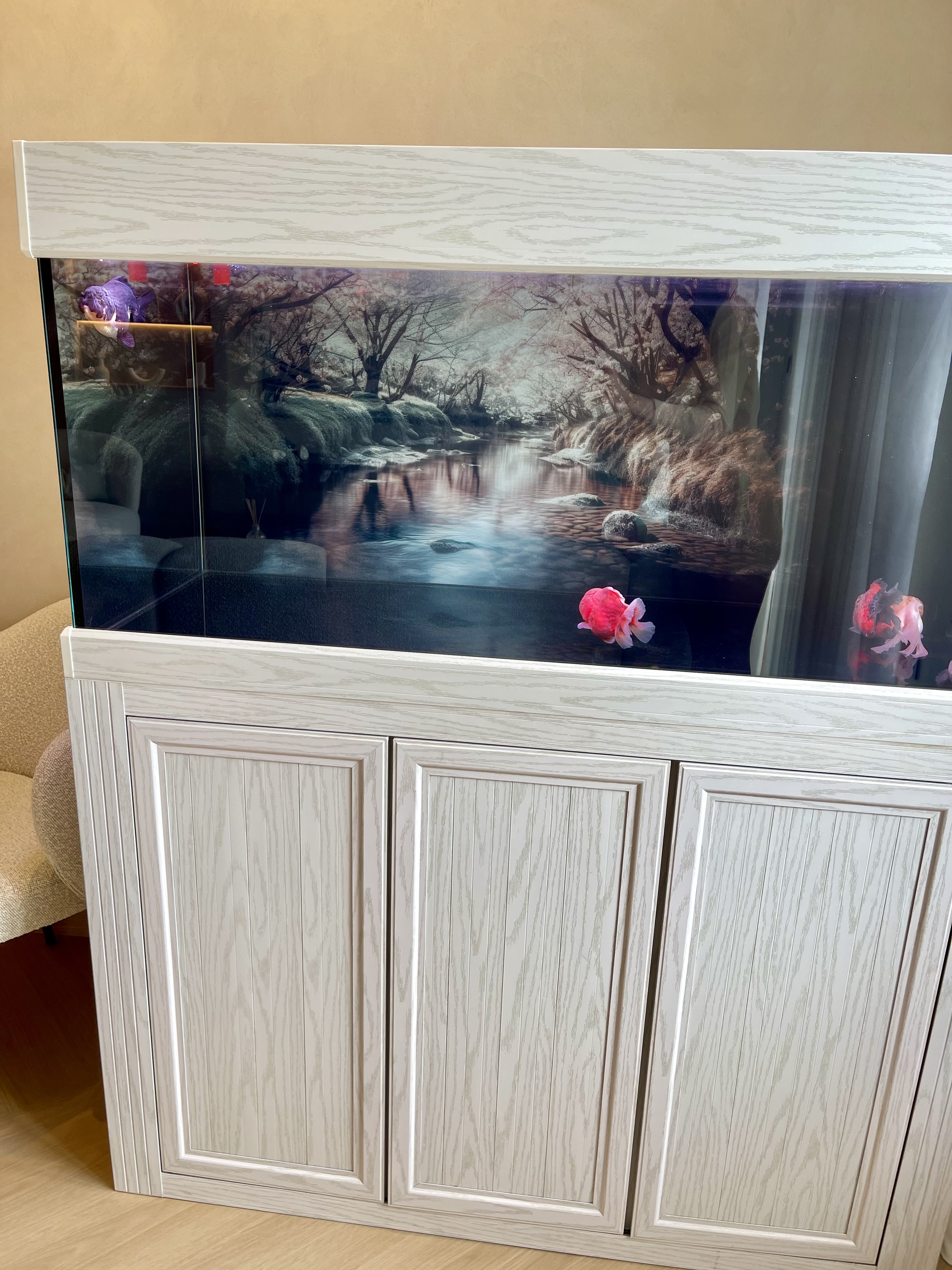 A Self-designed Cosy Abode at Woodleigh Hillside - fancy aquarium, indoor fish tank, white cabinet, wooden cabinet