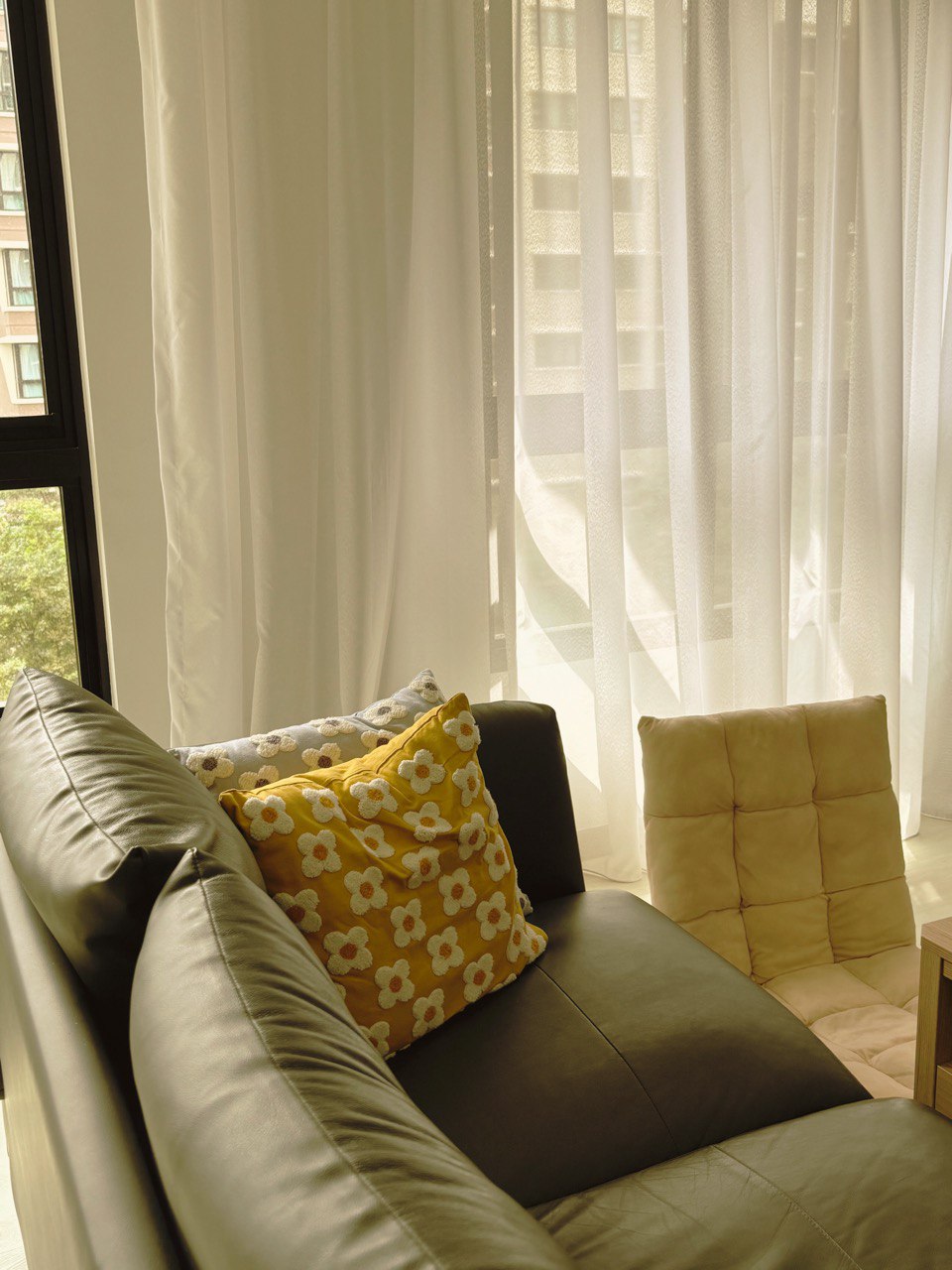 Japandi with Neutral Tones, Home of Our Dear Bunny and Us - Sunlit living room, cozy sofa, mustard yellow flowers, white