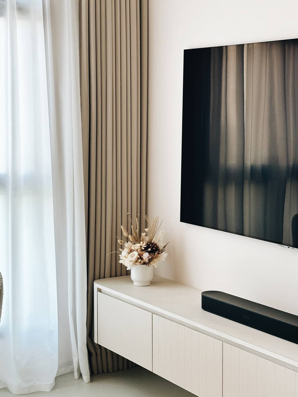 Our 93sqm modern minimalist home  - Creamy white curtains, soft beige drapes, minimalist decor, modern living room, sleek TV