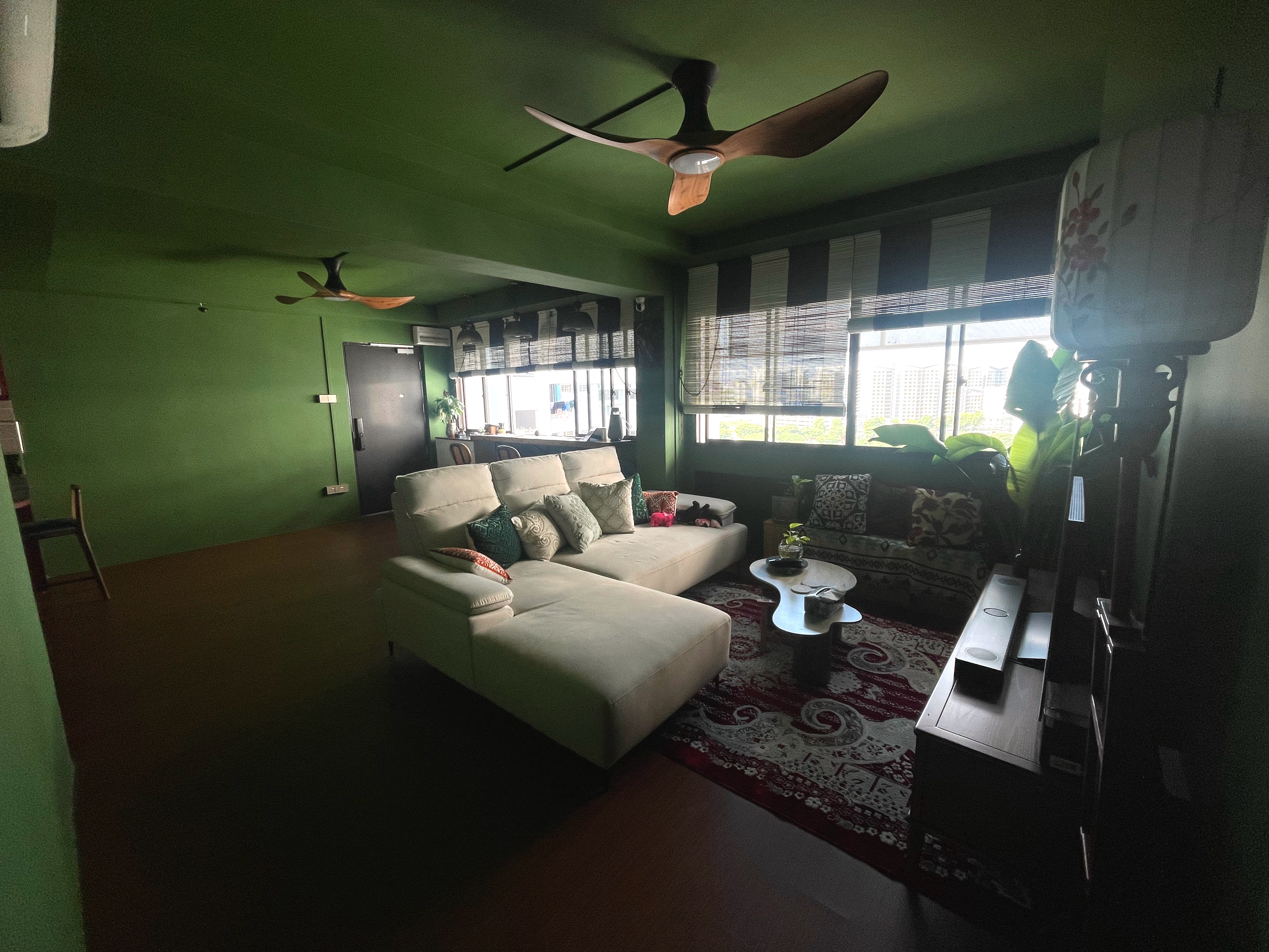 A unique blend of mid-century charm & cottage coziness - Green living room, modern design, cozy seating area, beige sofa