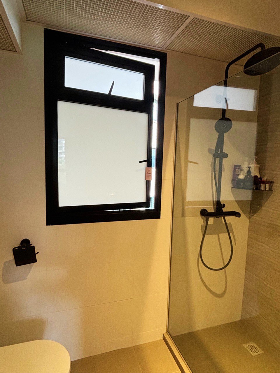 Japandi with Neutral Tones, Home of Our Dear Bunny and Us - Modern bathroom with sleek design, large window with black frame