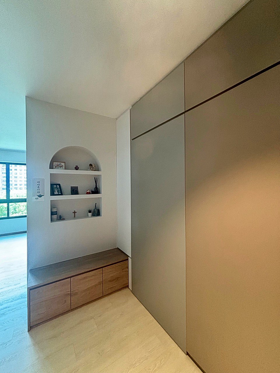 Japandi with Neutral Tones, Home of Our Dear Bunny and Us - Modern minimalist interior, light wooden floor, built-in shelving