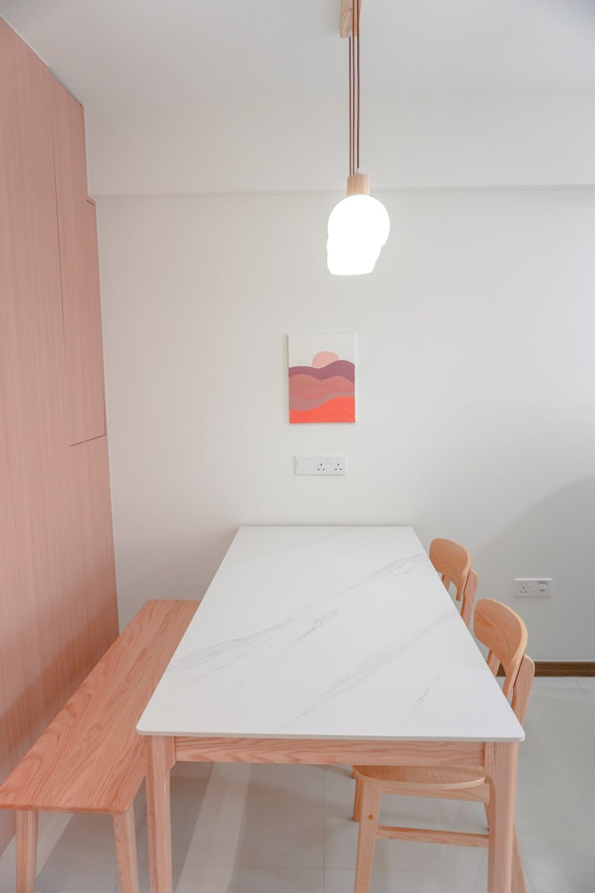 A Japandi Home with a Blue Heart under $30k - Modern minimalist dining room, white marble dining table, wooden chairs