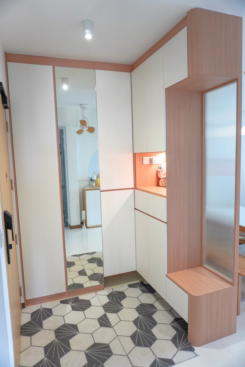 A Japandi Home with a Blue Heart under $30k - Wooden cabinets, modern design, geometric pattern, light beige walls, wooden