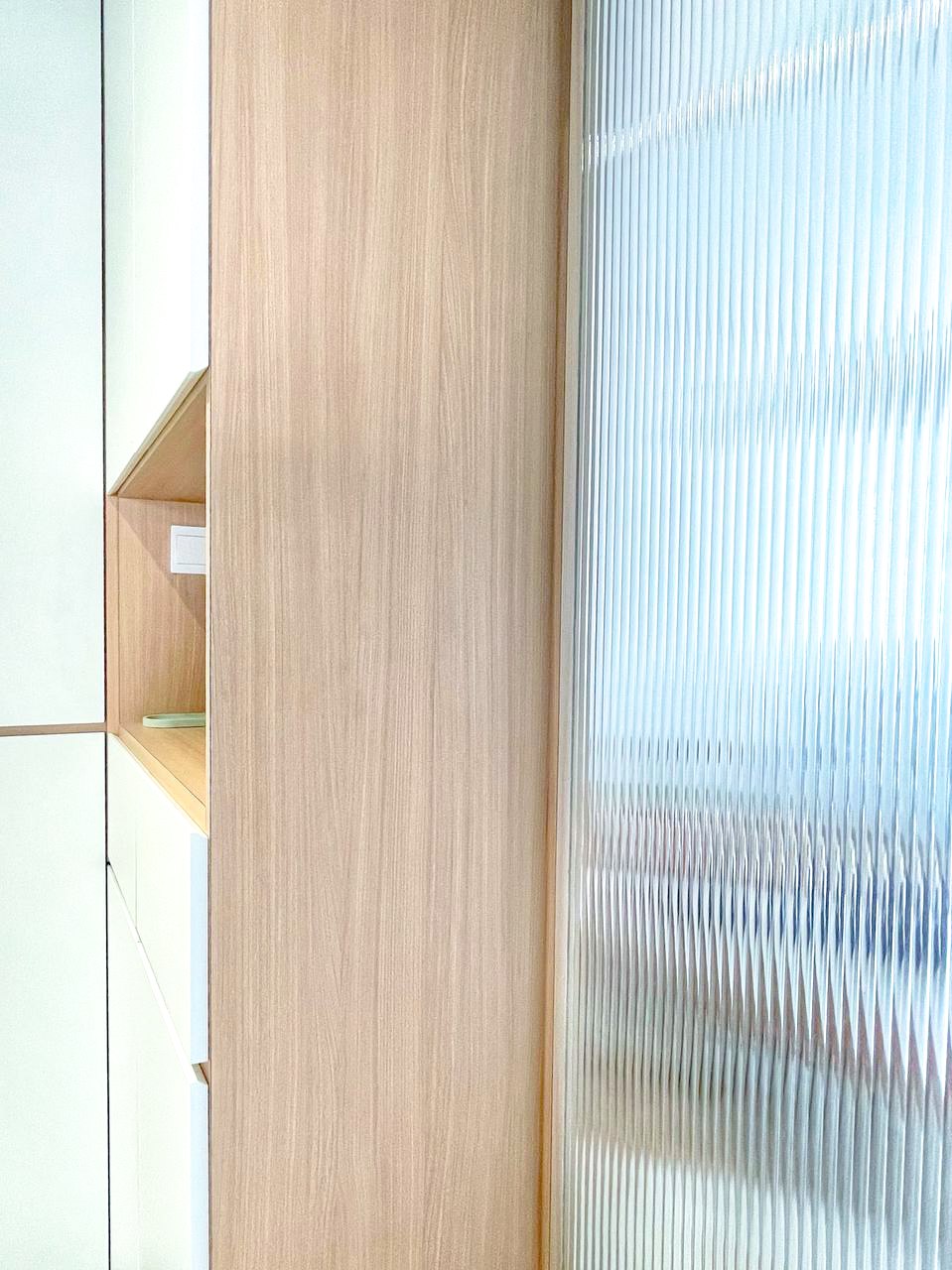 A Japandi Home with a Blue Heart under $30k - Wooden cabinet, vertical blinds, light wood finish, minimalist design, modern