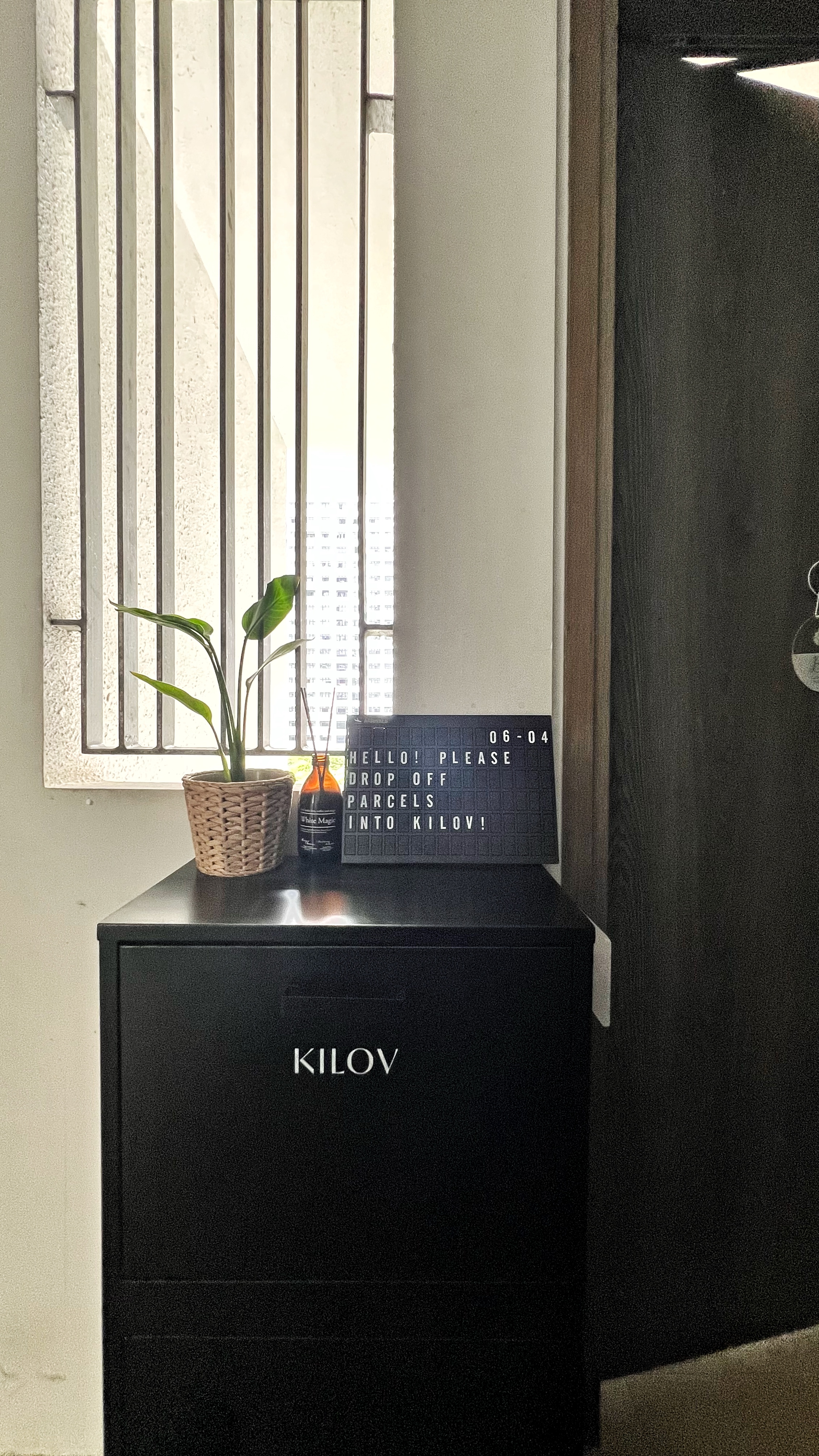 Our little cosmopolitan treehouse! - Black cabinet, "KILOV" logo, potted plant, white wall, vertical blinds, natural light
