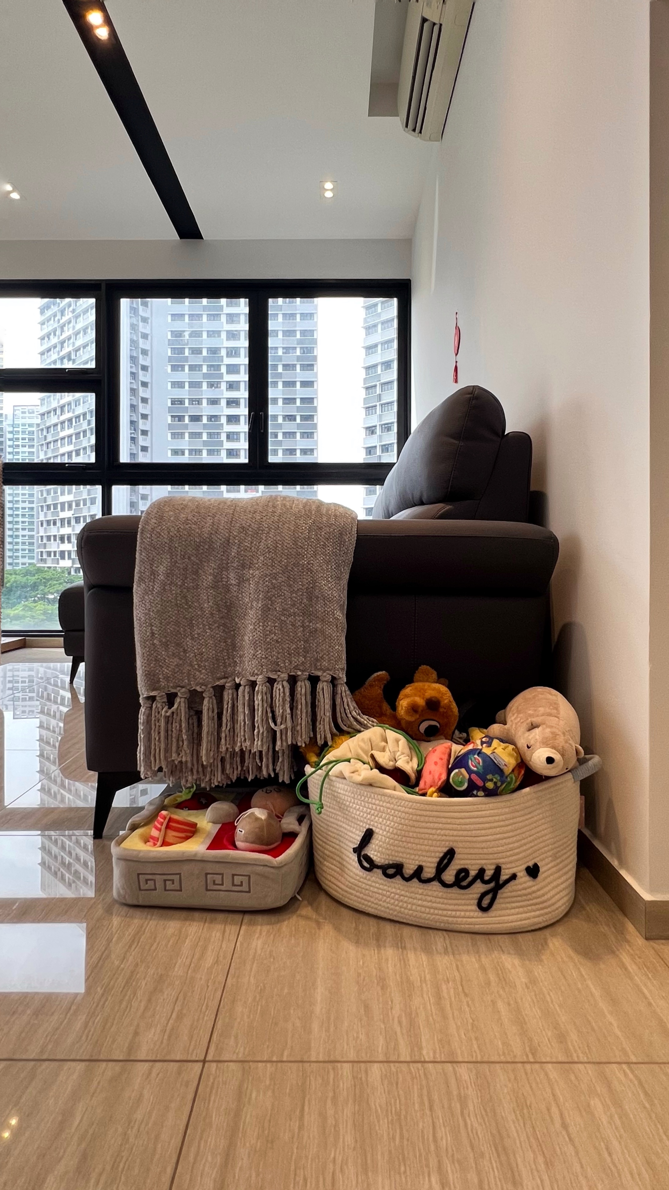 Our little cosmopolitan treehouse! - modern living room, cozy seating, plush armchair, large windows, cityscape view, indoor