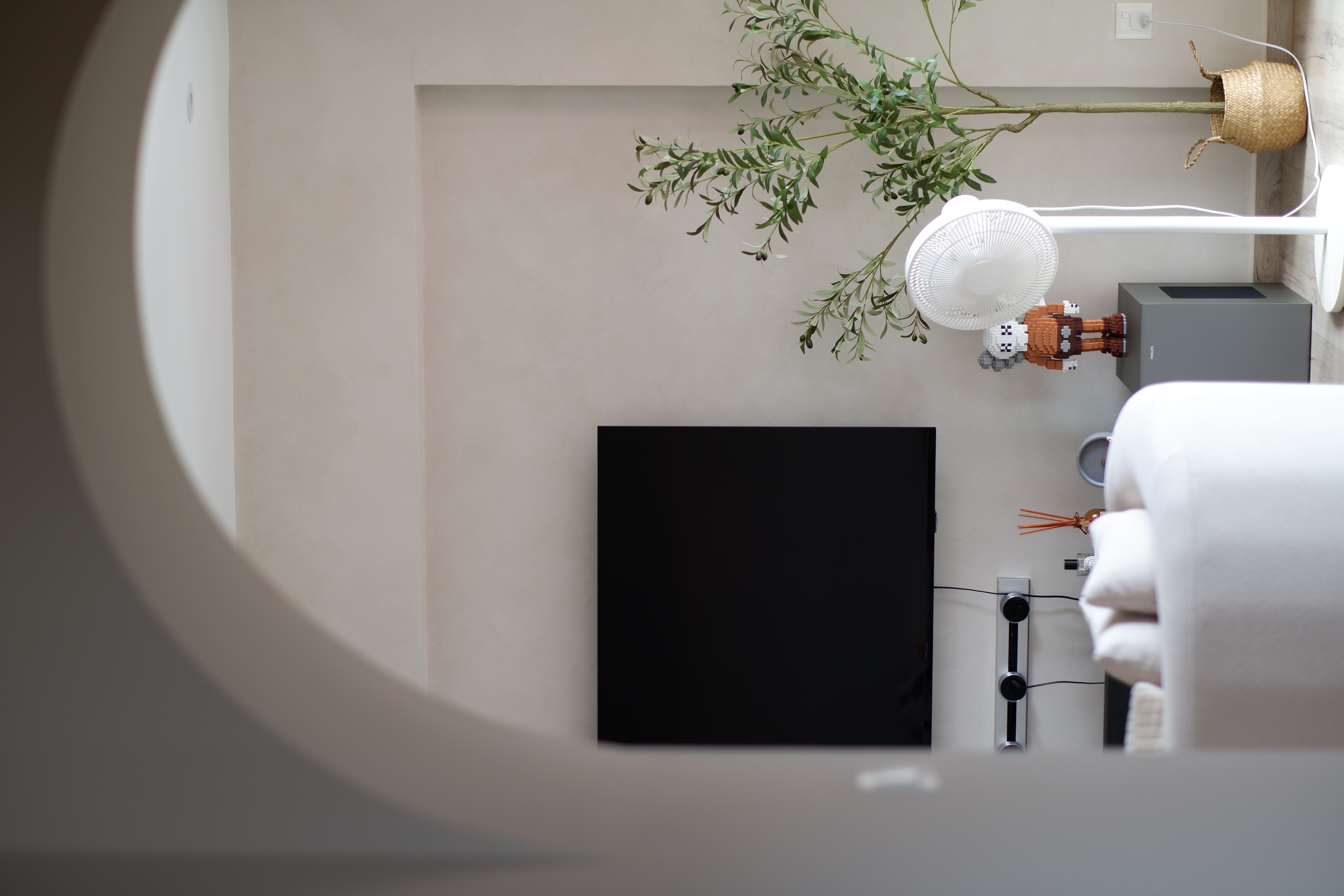 Inside our 1076sqft scandinavian neutral home - Minimalist room, modern decor, abstract art, plant, white lamp, black TV