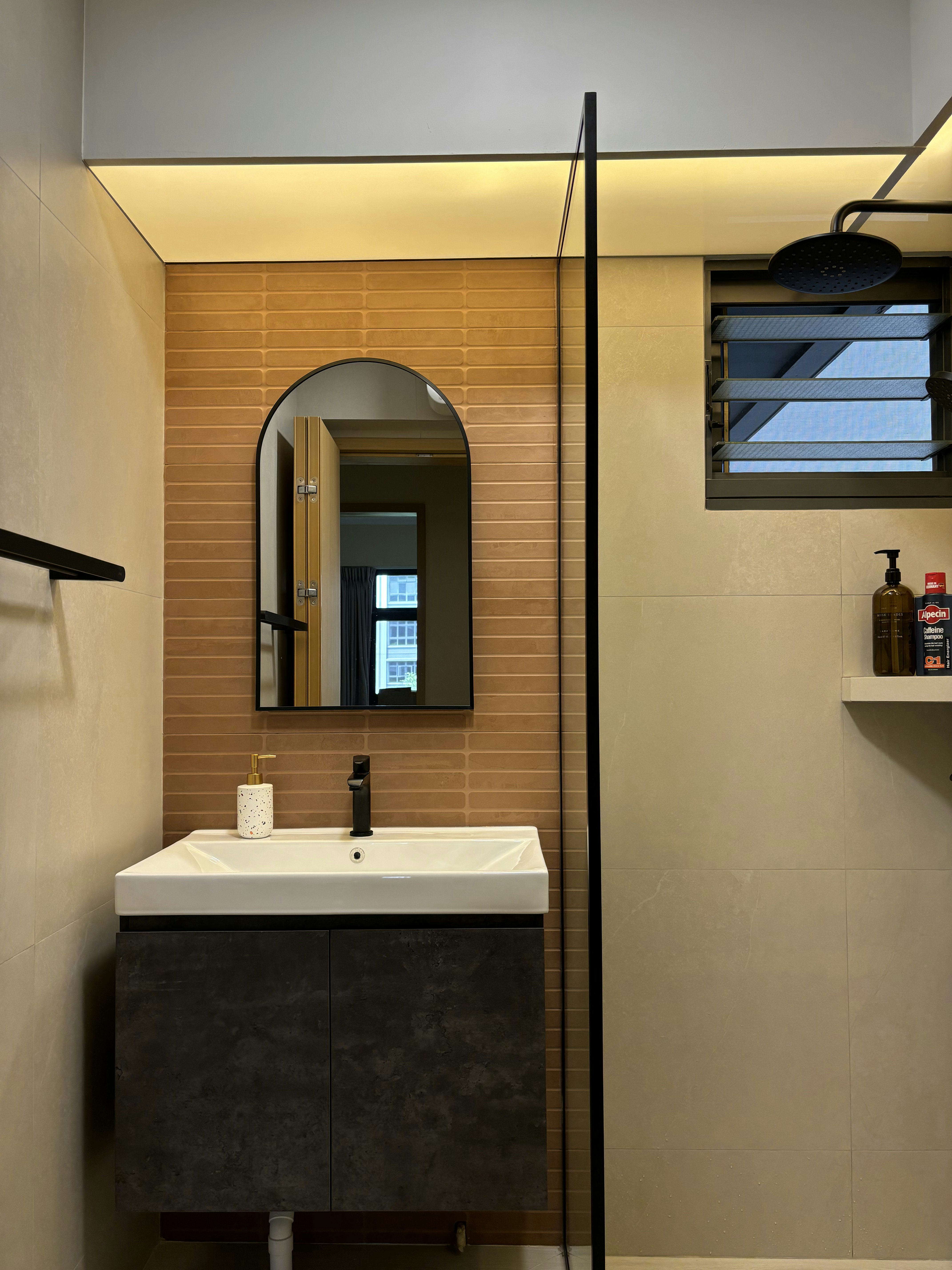 Inside a practical Modern Mediterranean 4RM BTO - Modern bathroom interior, minimalist design, sleek fixtures, large mirror