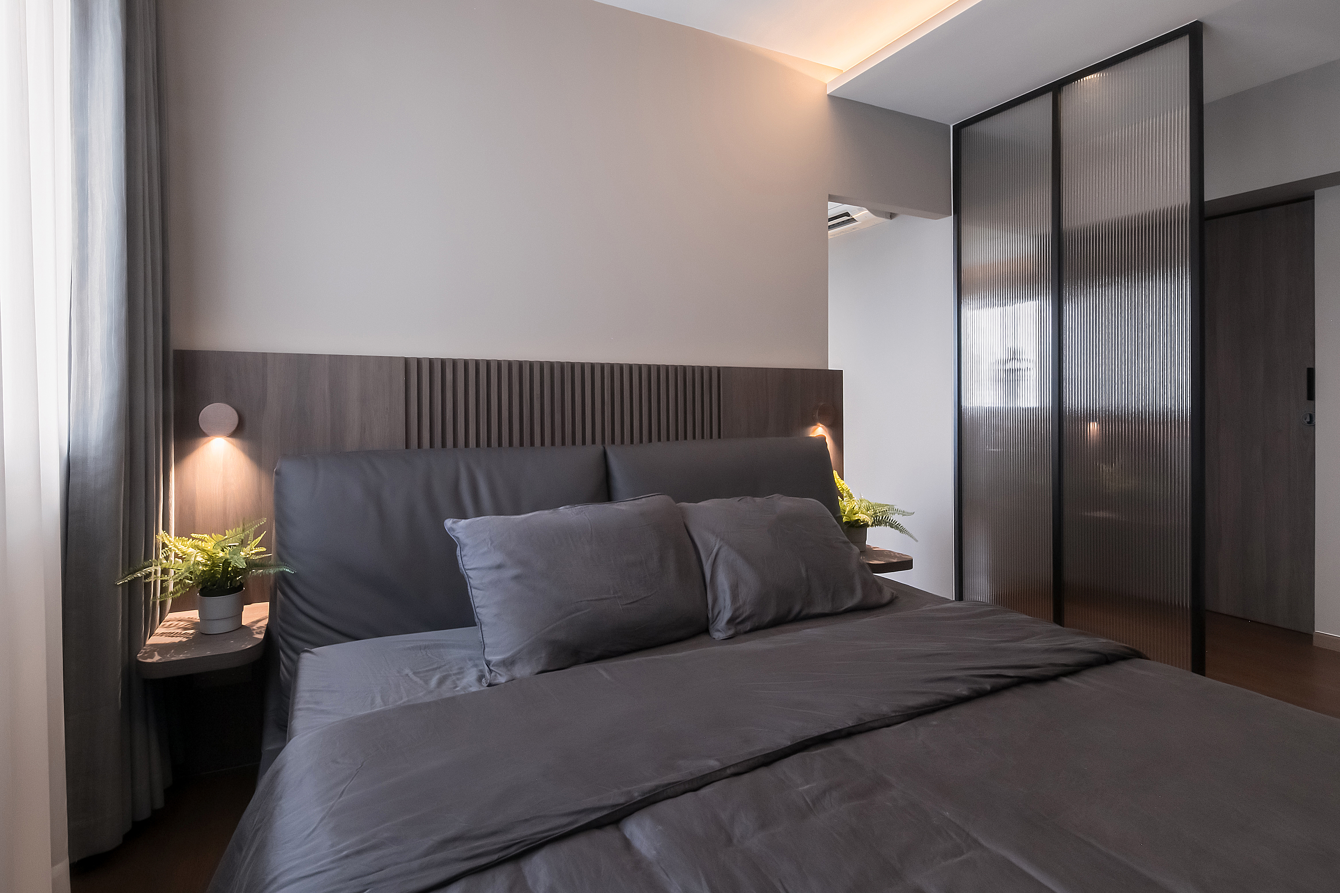 $120K Renovation for a Cozy & Warm Home - Modern minimalist bedroom, soft lighting, neutral color palette, large bed with