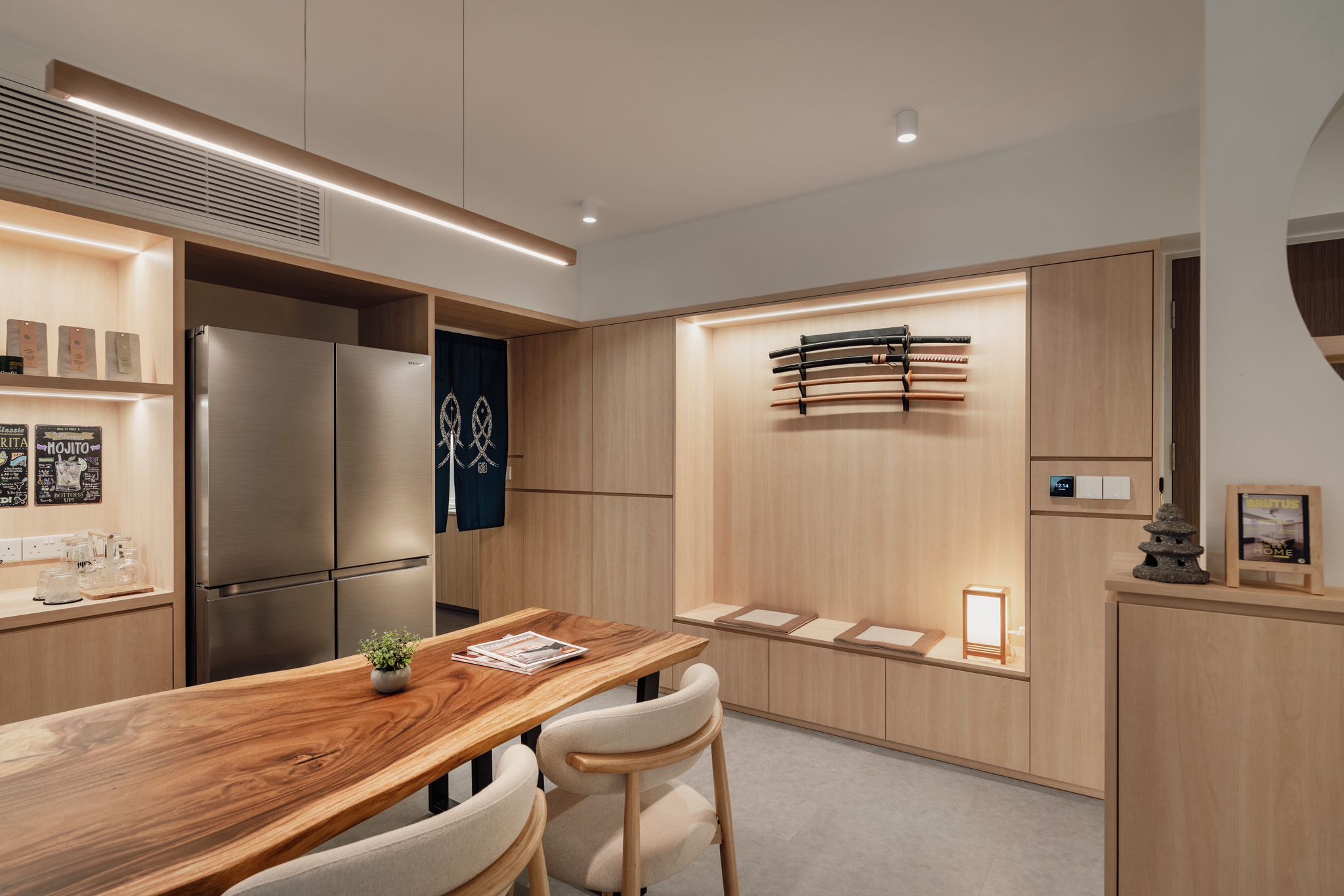 Inside our 5room Japanese inspired home - Wooden kitchen island, modern kitchen, stainless steel refrigerator, wooden