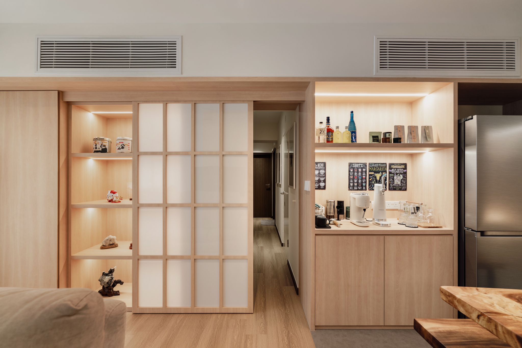Inside our 5room Japanese inspired home - Wooden shelves, minimalist design, integrated kitchen, modern kitchen, open