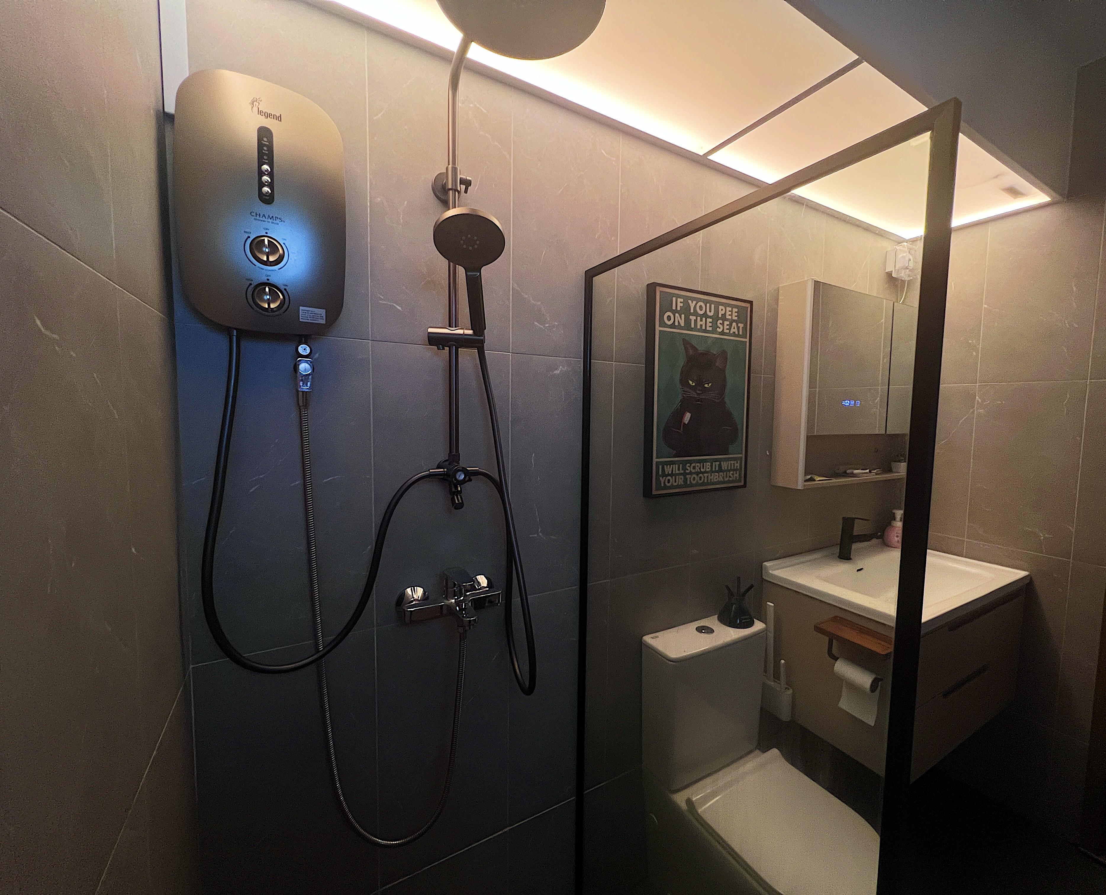 Inside our 5room Japanese inspired home - Step-by-step shower setup, modern bathroom design, dual showerhead, black cat