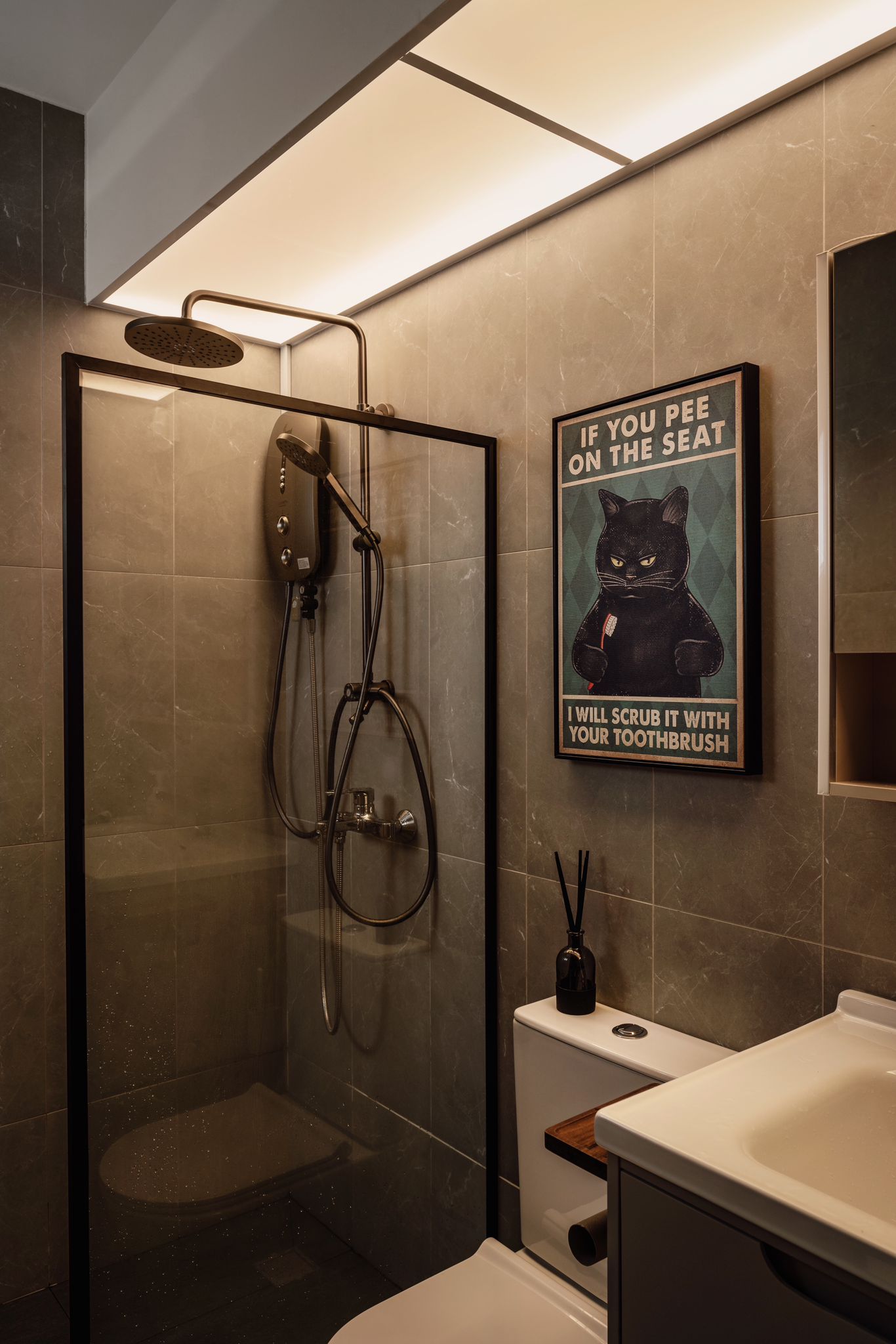 Inside our 5room Japanese inspired home - Modern bathroom with sleek design, beige marble tiles, glass shower enclosure