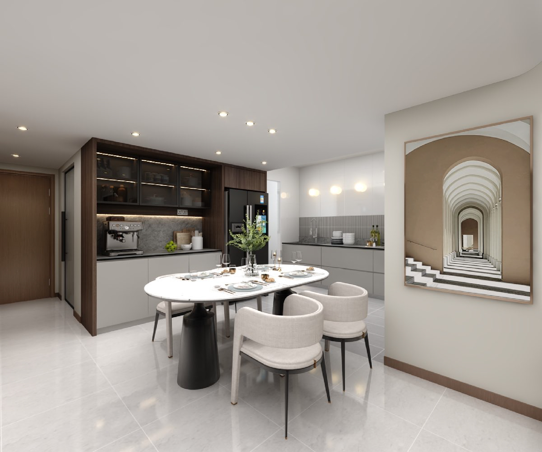 Envisioning your space - Renders vs Reality - Modern kitchen with sleek design, contemporary furniture, white marble floor