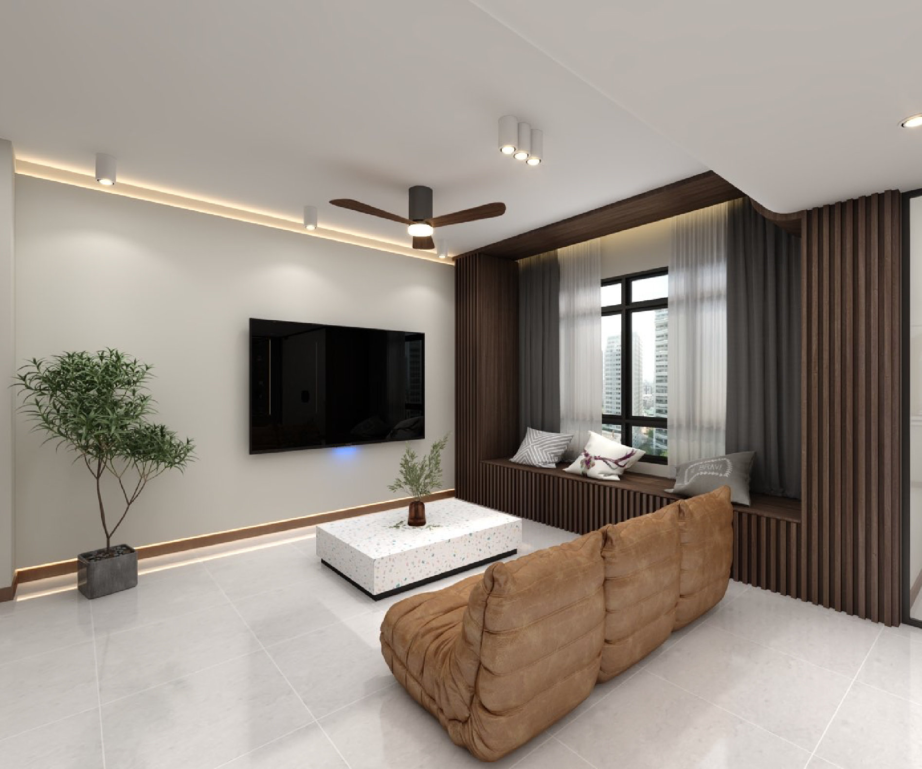 Envisioning your space - Renders vs Reality - Modern living room, minimalist design, contemporary decor, sleek ceiling fan