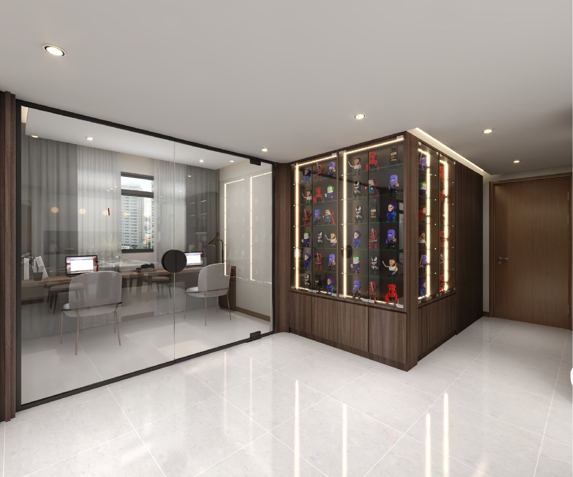 Envisioning your space - Renders vs Reality - Modern office interior, glass partition, sleek design, minimalist decor, large
