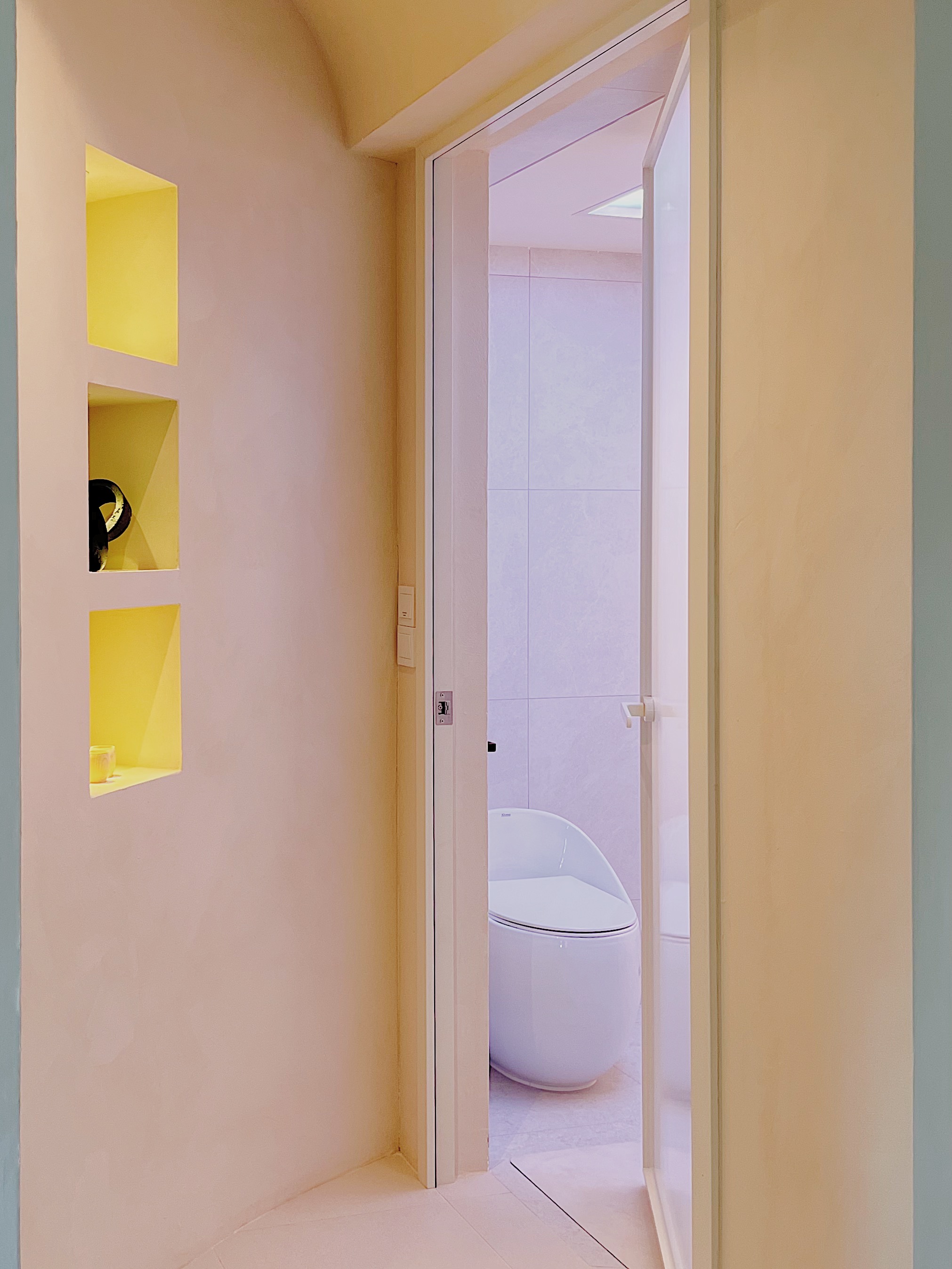 Neutral Palette Japandi Haven in Tampines  - Soft pastel walls, minimalist design, open doorway, modern bathroom, yellow