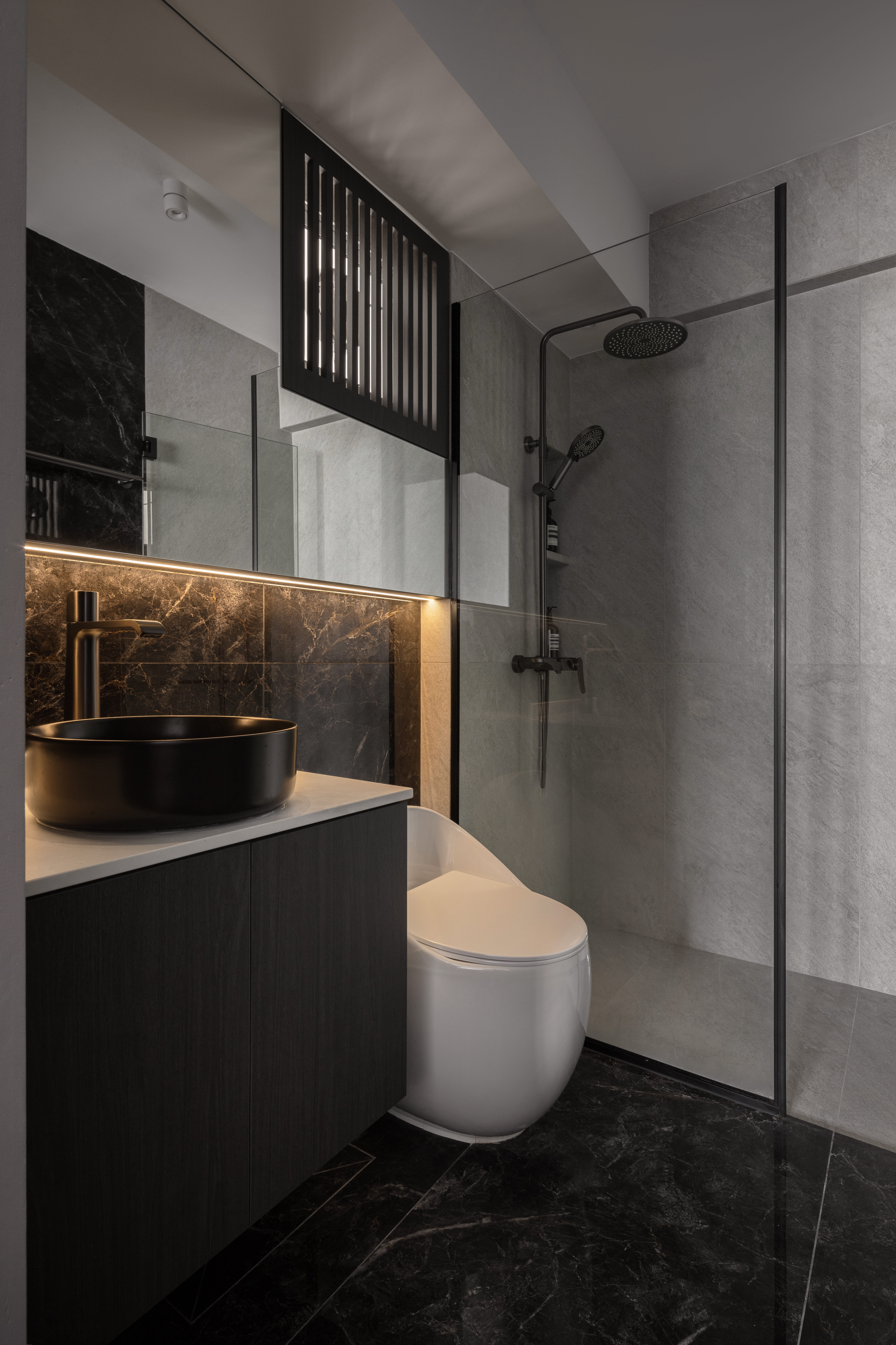 Inside The $70K Reno Of A Dark Minimalist Luxury 5-Room HDB Flat - Modern minimalist bathroom, sleek design, black marble