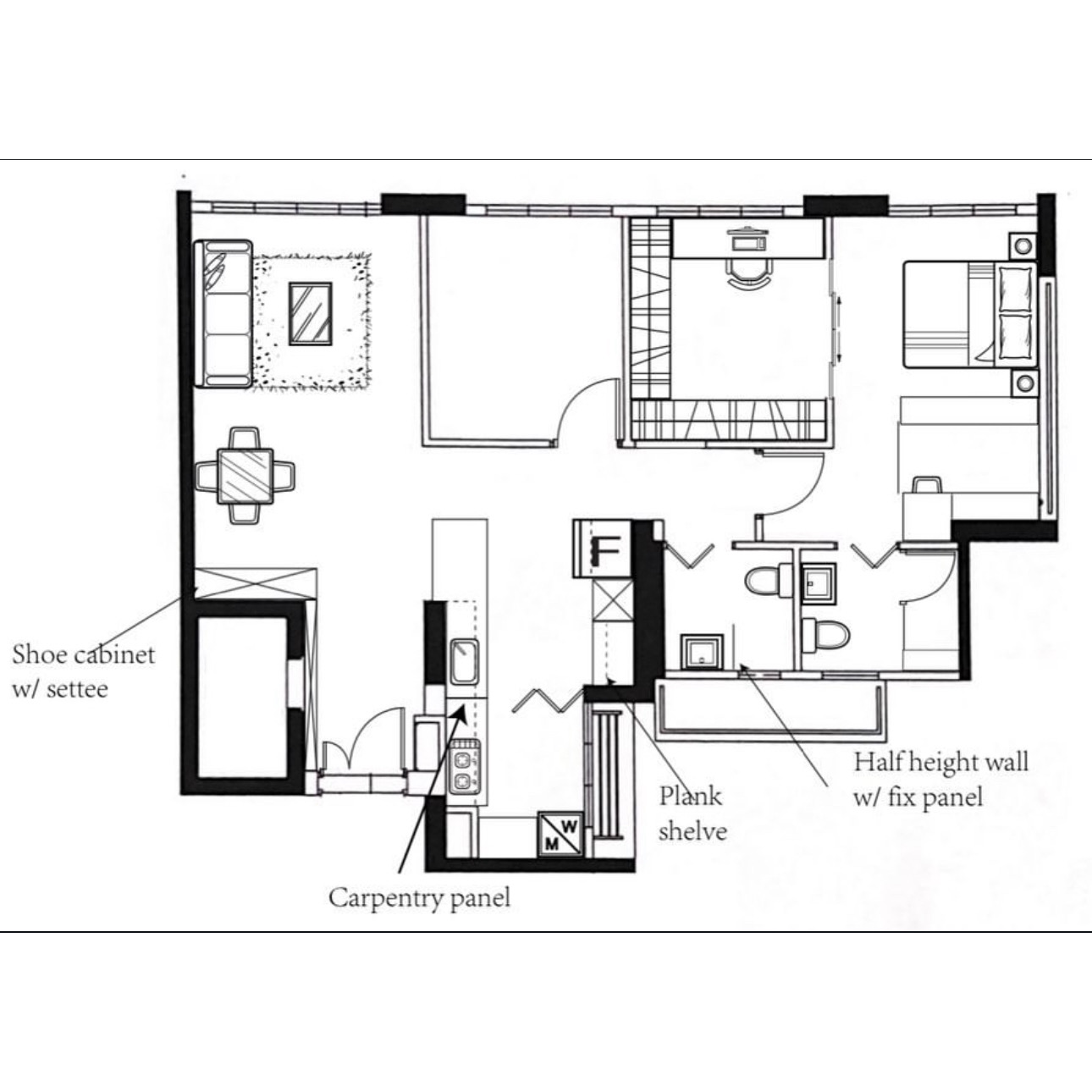 Transforming A 4-room BTO Into A $90k Modern-luxe HDB Hotel  - Shoe cabinet with settee, Plank shelf, Half height wall with