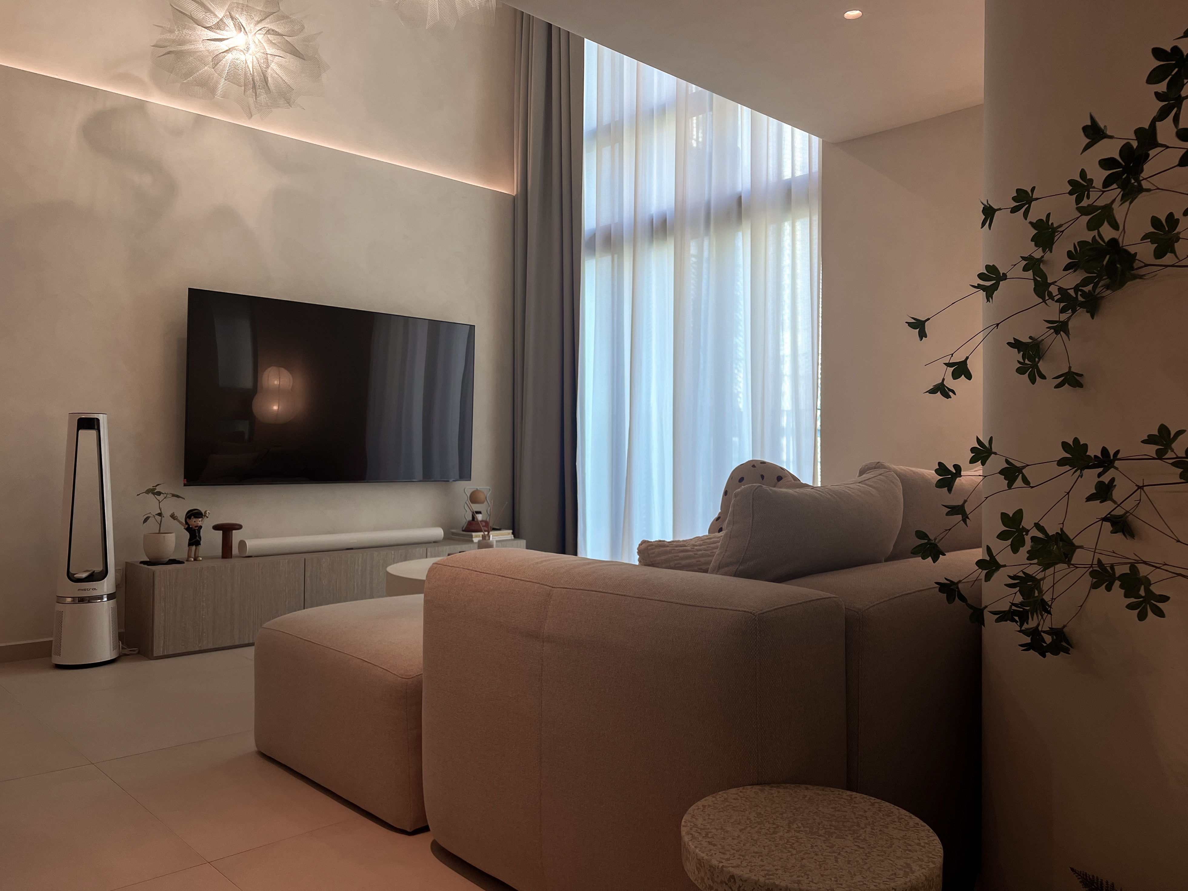 A peek inside our $130K low floor hdb loft 👀 - Modern living room, minimalist decor, large flat-screen TV, cozy seating