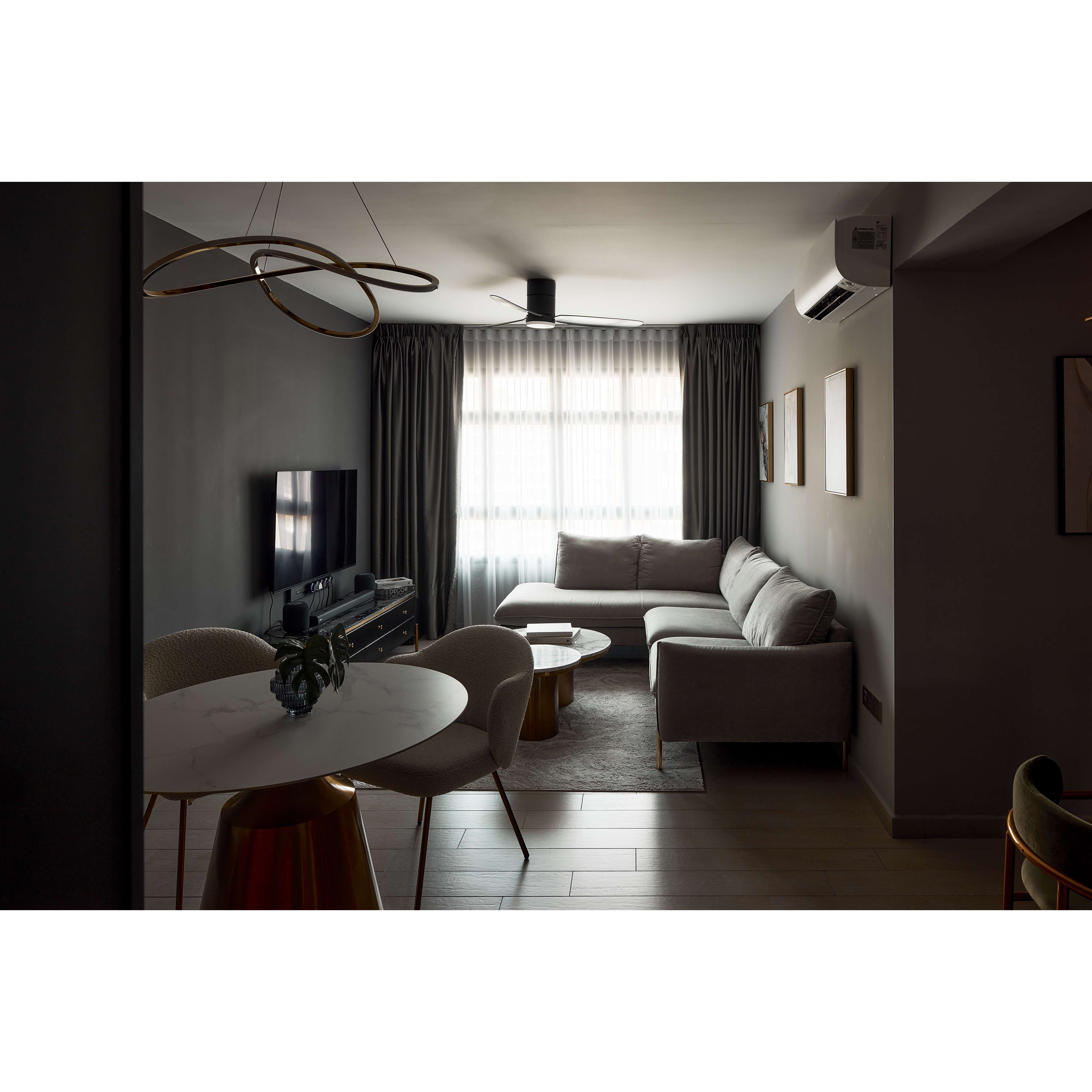 Transforming A 4-room BTO Into A $90k Modern-luxe HDB Hotel  - Modern minimalist living room, sleek ceiling fan, large window