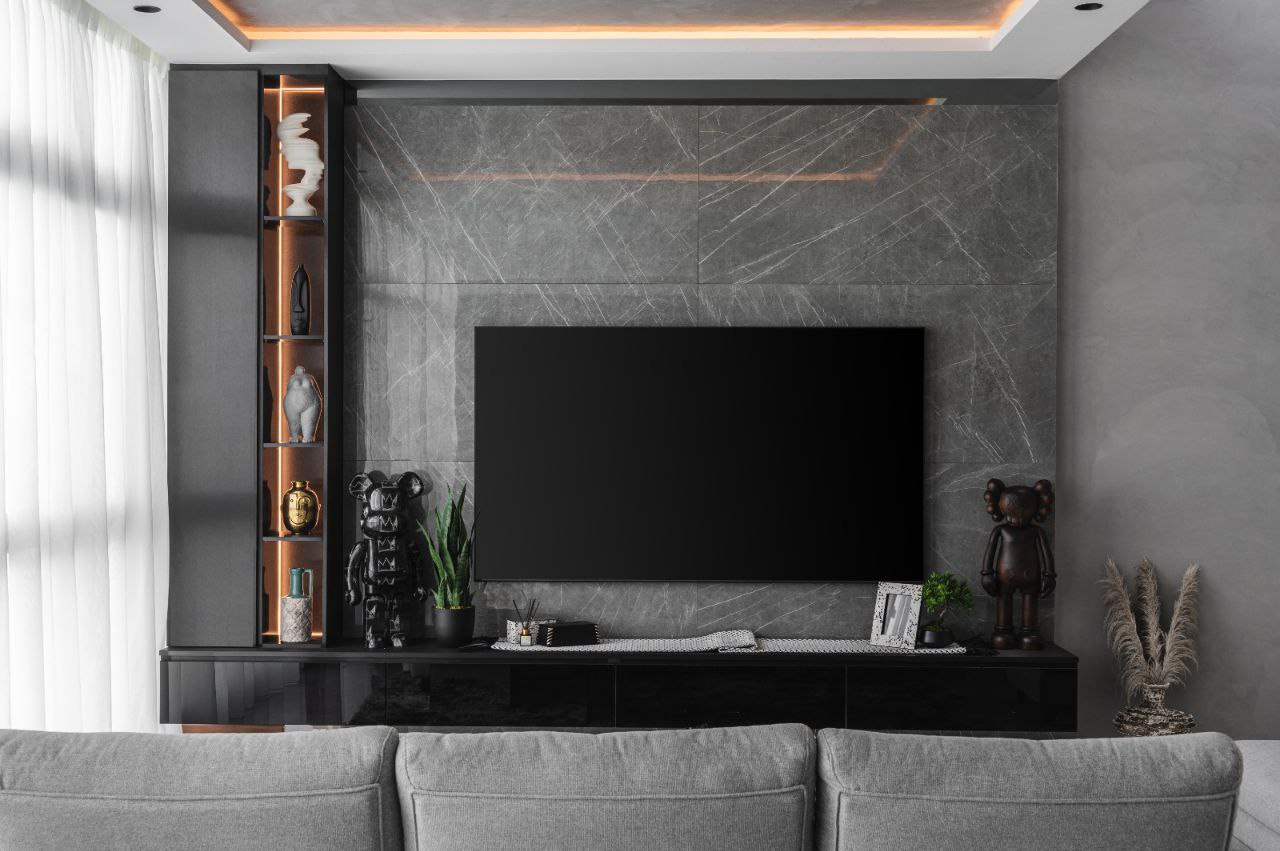 From Renders to Reality: Visualisation is Key! - Modern living room, minimalist decor, sleek TV stand, gray marble wall
