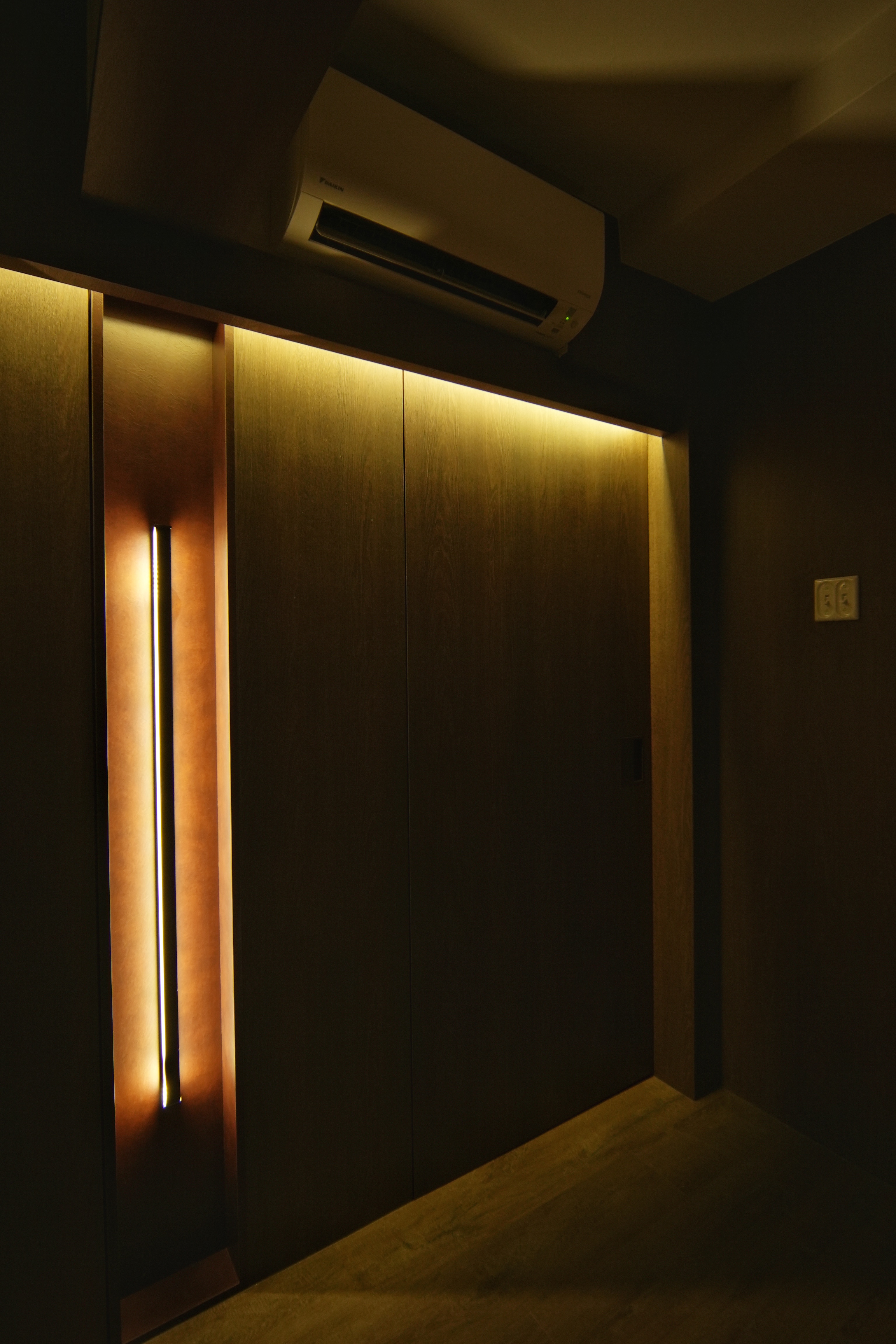 Cosy, Moody, Minimalist HDB in the Heart of the City - Modern minimalist design, sleek air conditioning unit, warm ambient