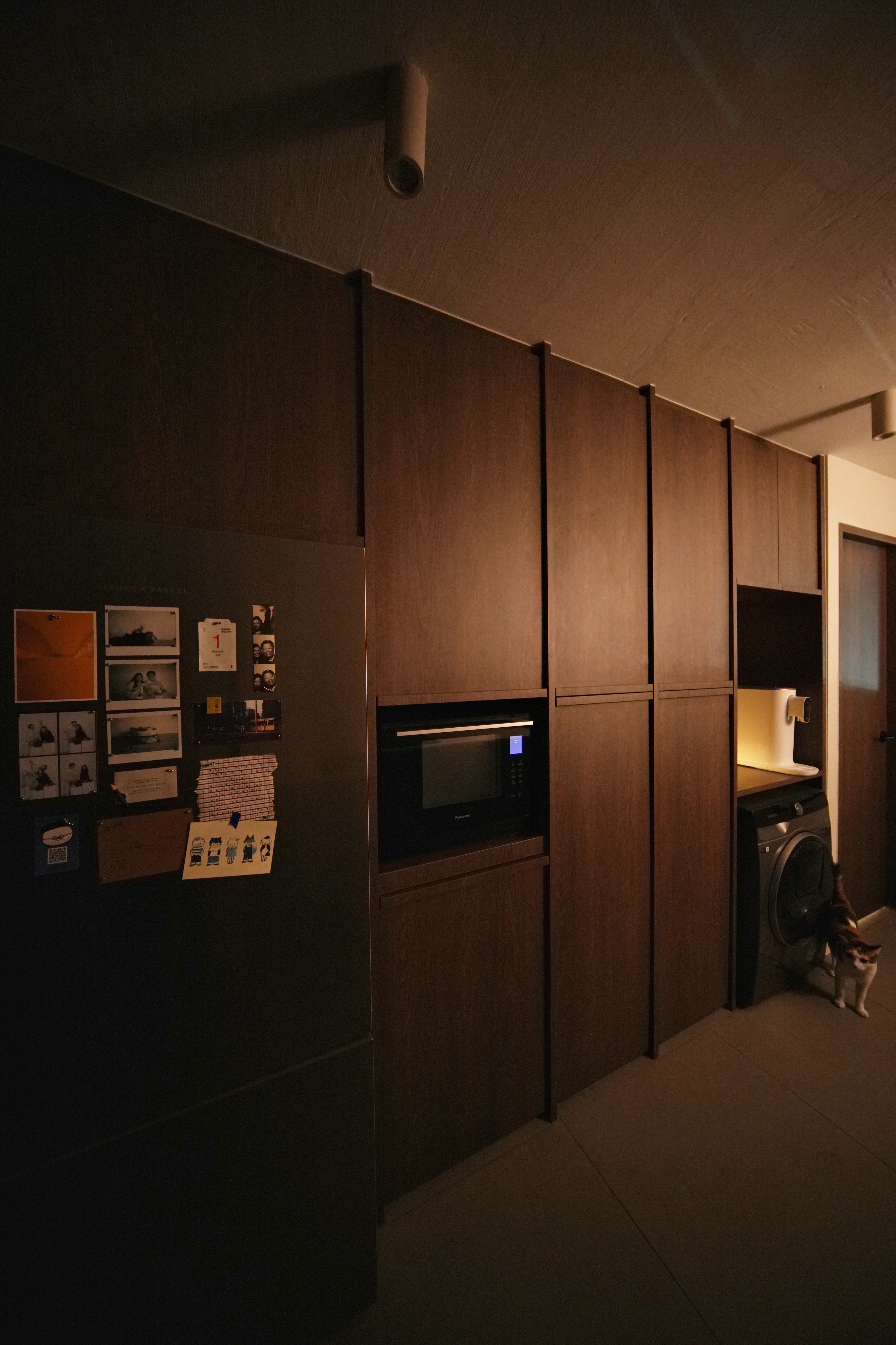 Cosy, Moody, Minimalist HDB in the Heart of the City - Dark wooden cabinets, modern kitchen, refrigerator, calendar