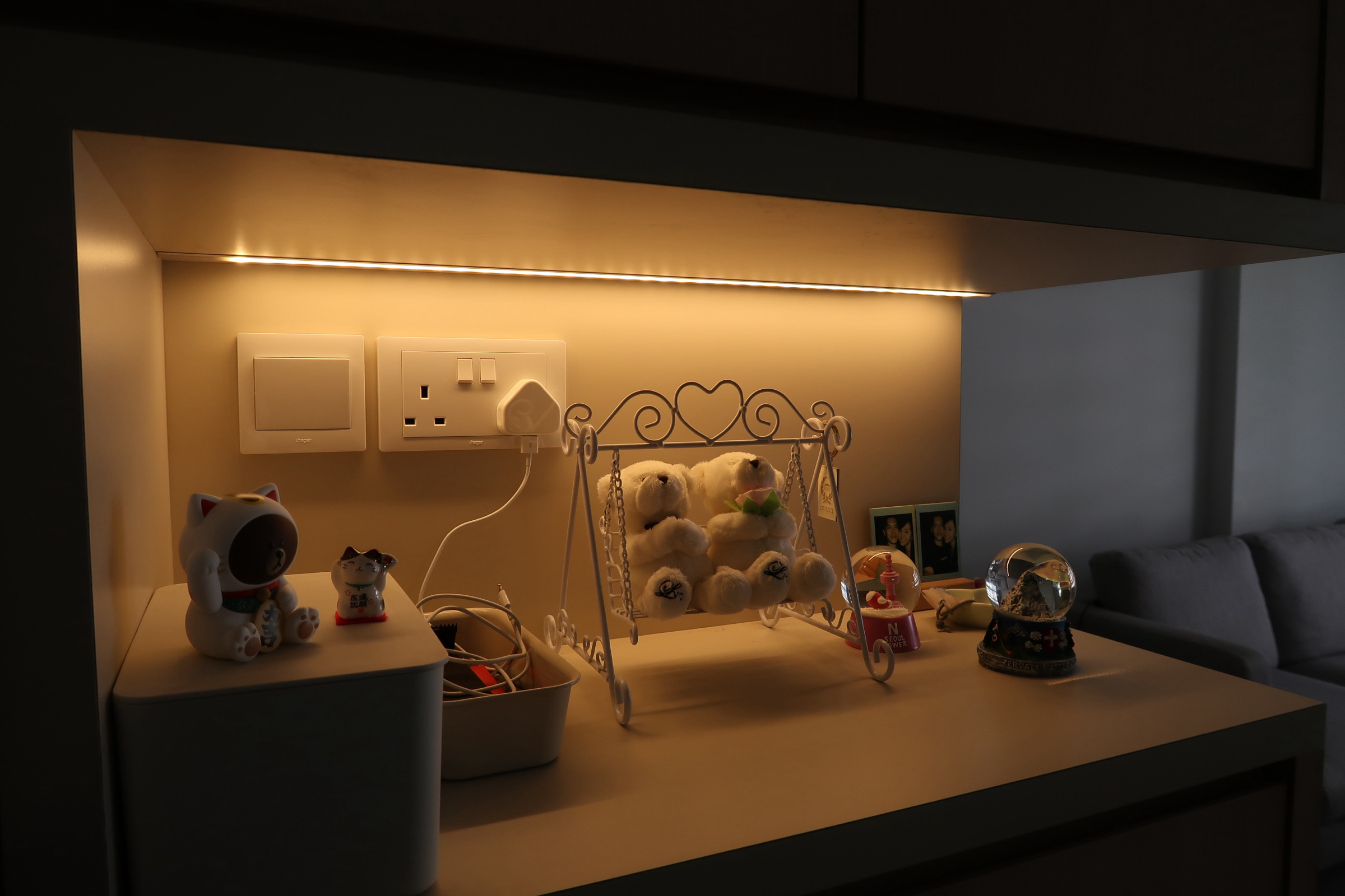 Simple Scandinavian home under $30k renovation in the East - Cat figurine, bear figurine, white teddy bear, white teddy bear