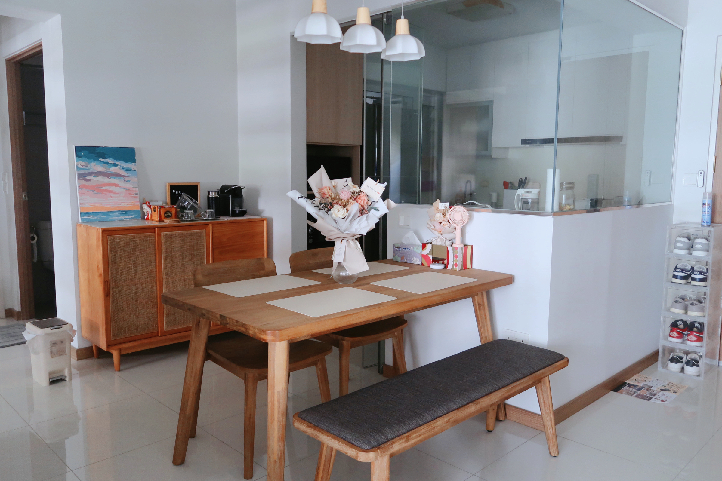 Simple Scandinavian home under $30k renovation in the East - Dining room, modern kitchen, dining table, wooden furniture