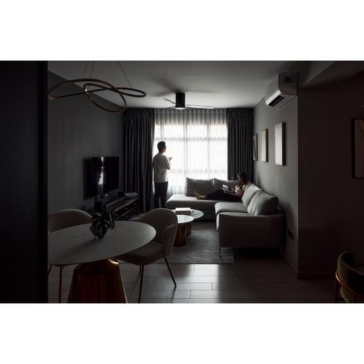 Transforming A 4-room BTO Into A $90k Modern-luxe HDB Hotel  - Modern living room, minimalist decor, cozy atmosphere, large