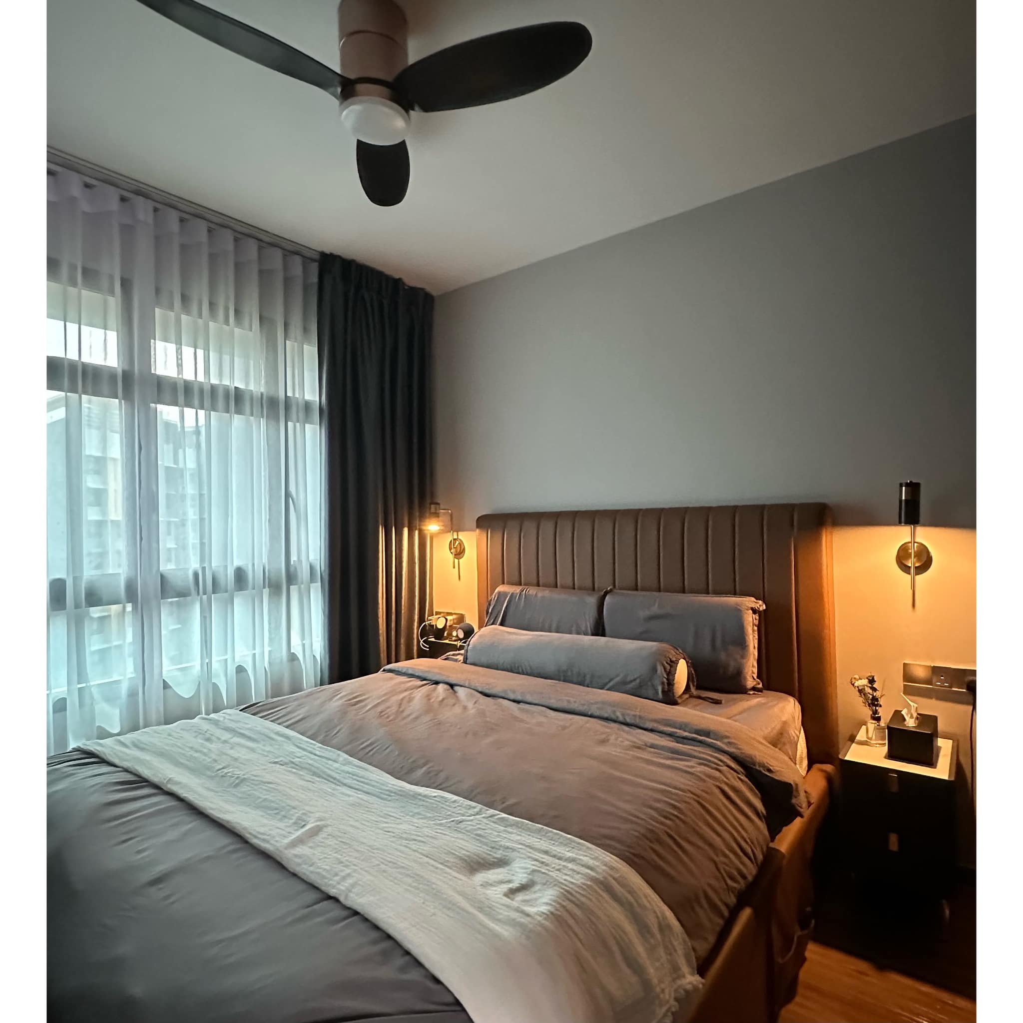 Transforming A 4-room BTO Into A $90k Modern-luxe HDB Hotel  - Modern bedroom with large bed, gray and brown bedding, soft