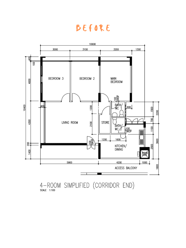 Maximising space in our cosy & quirky home with cats - 4-room simplified layout, scale 1:100, living room, bedrooms