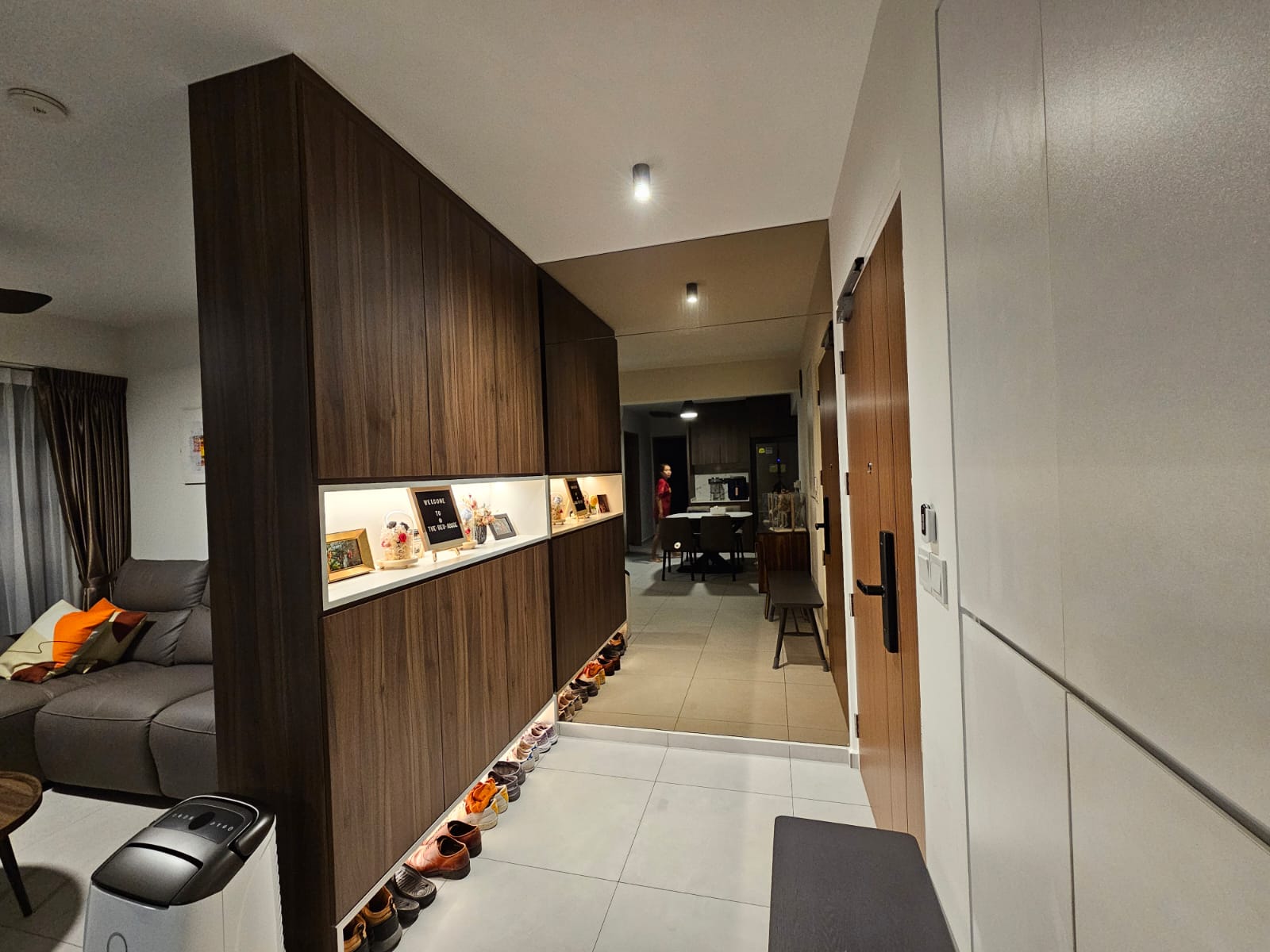 House Tour: Exploring Dark Wood Mid-Century Modern Theme - Wooden cabinetry, modern interior, living room, gray sofa