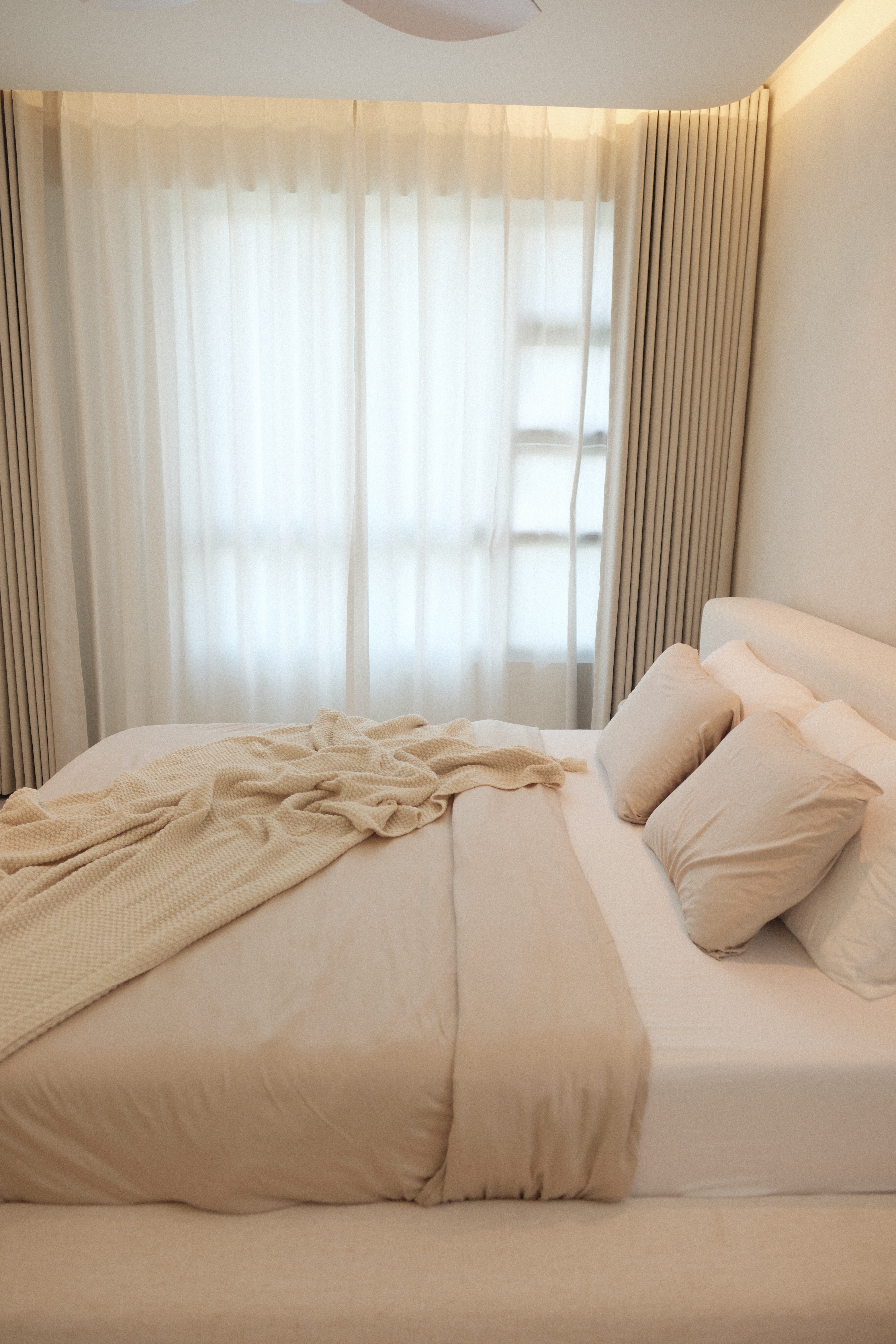 Wake Me Up In 5 Minutes: Our Cream Minimalist Bedroom - Soft, beige bedding, white curtains, minimalist design, cozy