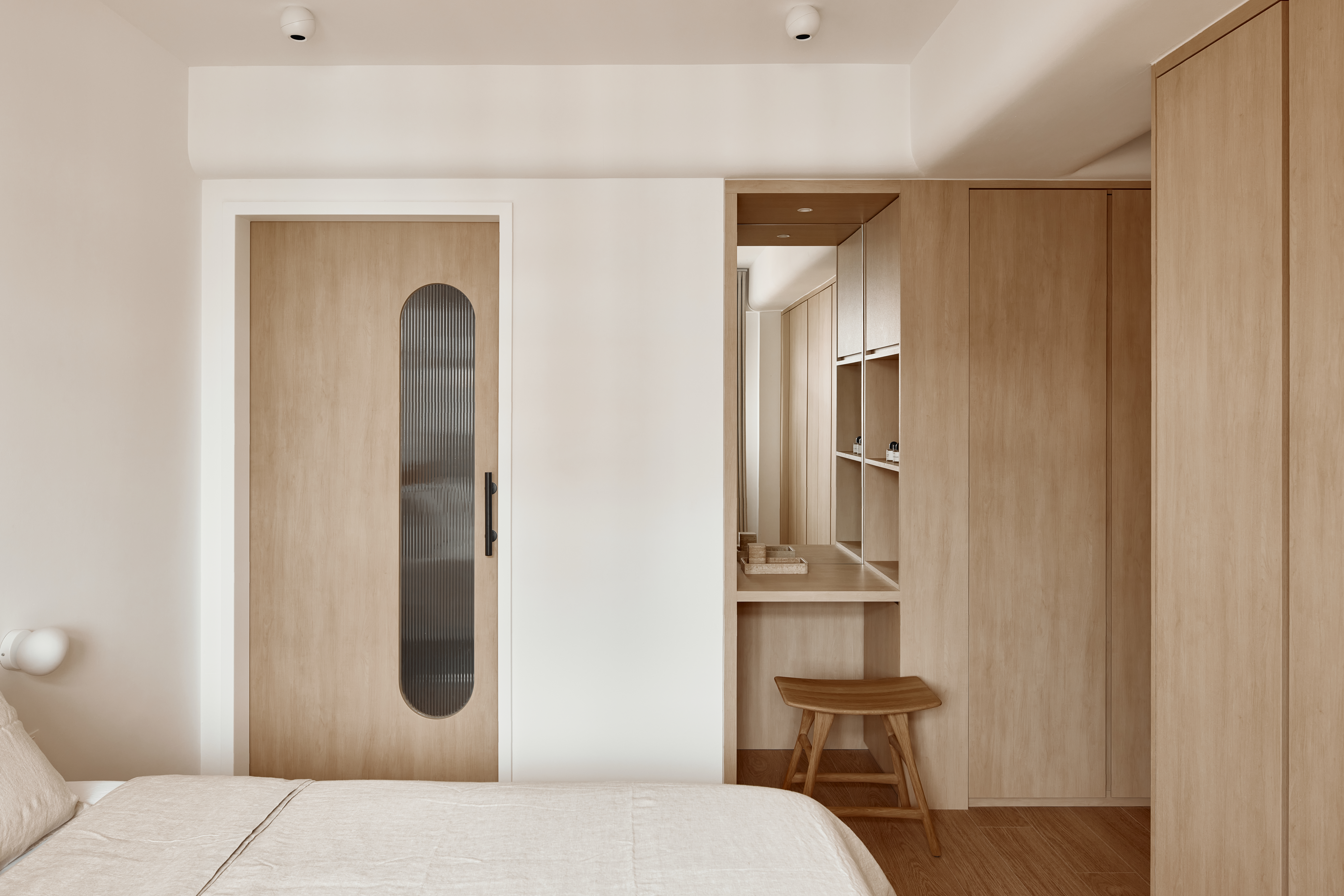 House Tour: A Japandi Minimalist 5-Room BTO - Modern minimalist bedroom, neutral color palette, wooden door, built-in