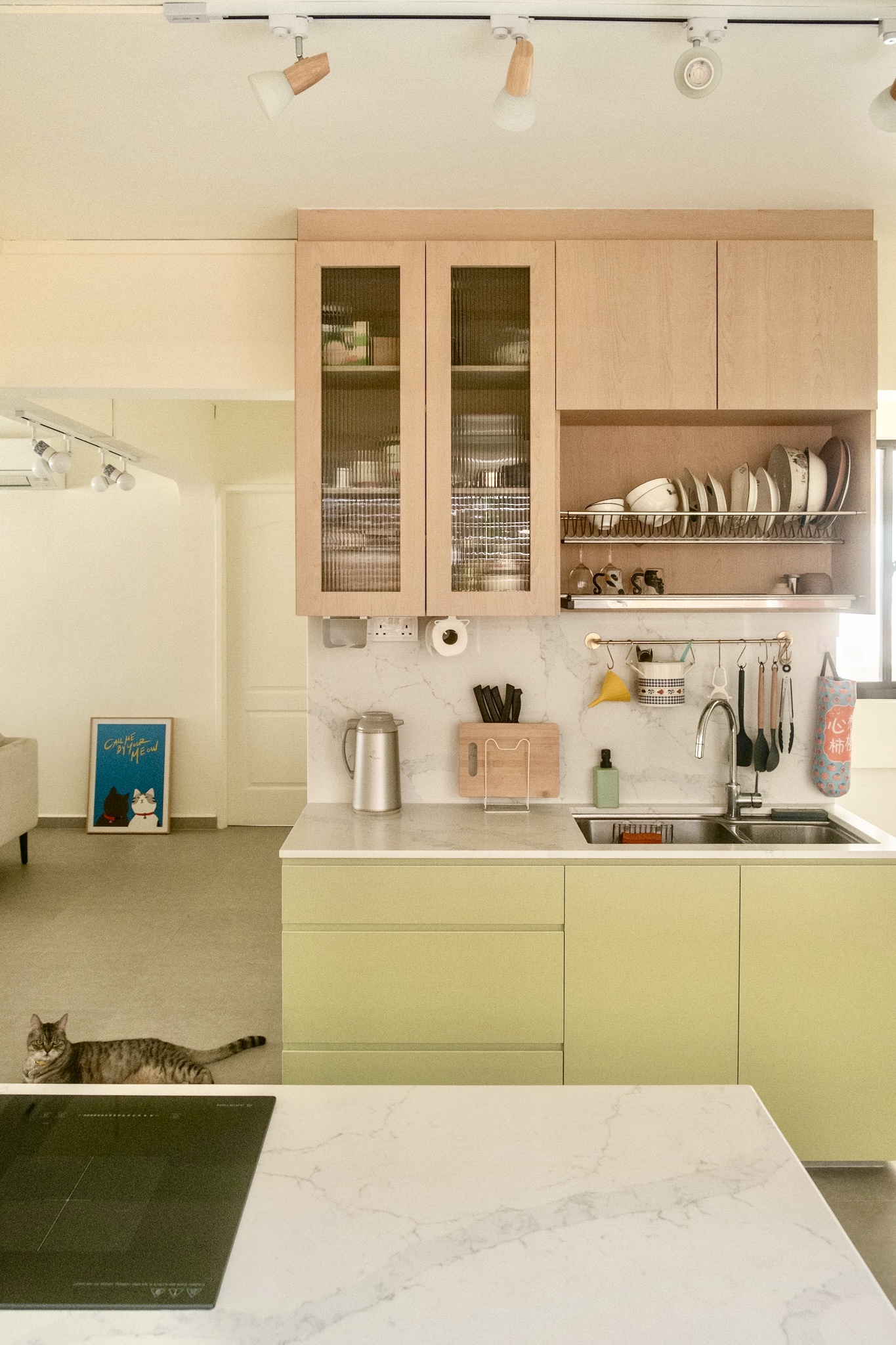 Maximising space in our cosy & quirky home with cats - Light green kitchen cabinets, marble countertops, stainless steel