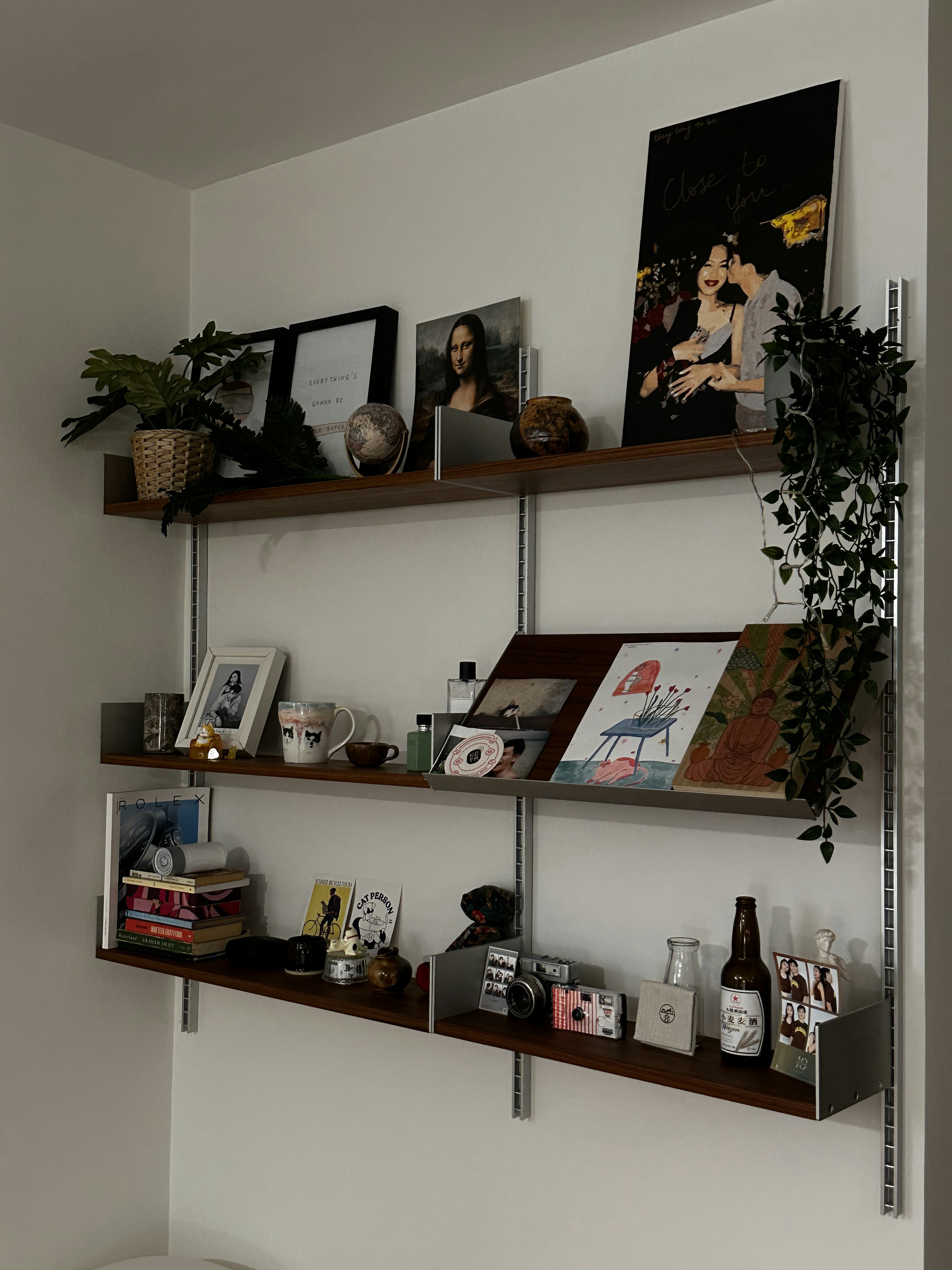 Bauhaus cathaus - $38k 4BR Reno for an open, flexible space       - Wooden shelves, minimalist decor, potted plants, framed