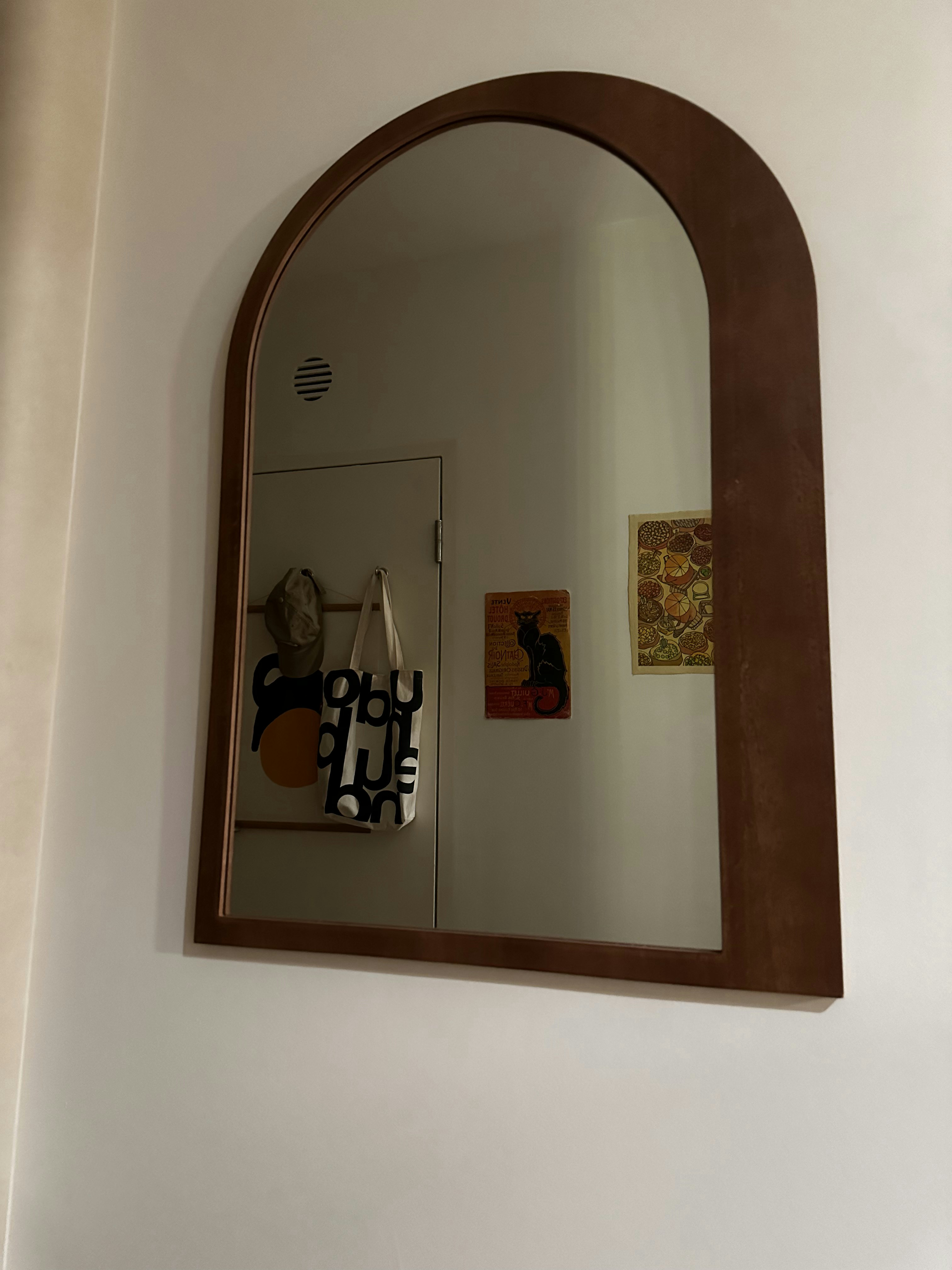 Bauhaus cathaus - $38k 4BR Reno for an open, flexible space       - Mirror, arched frame, white wall, minimalist decor, black